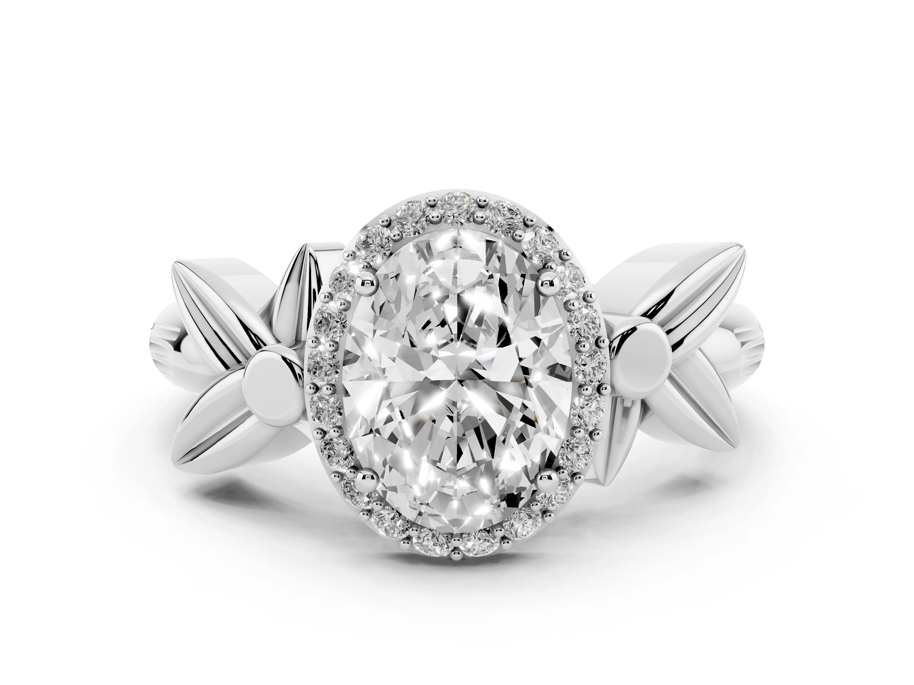 Oval Cut Diamond Halo Floral Band Ring Set in Platinum with Prong Setting