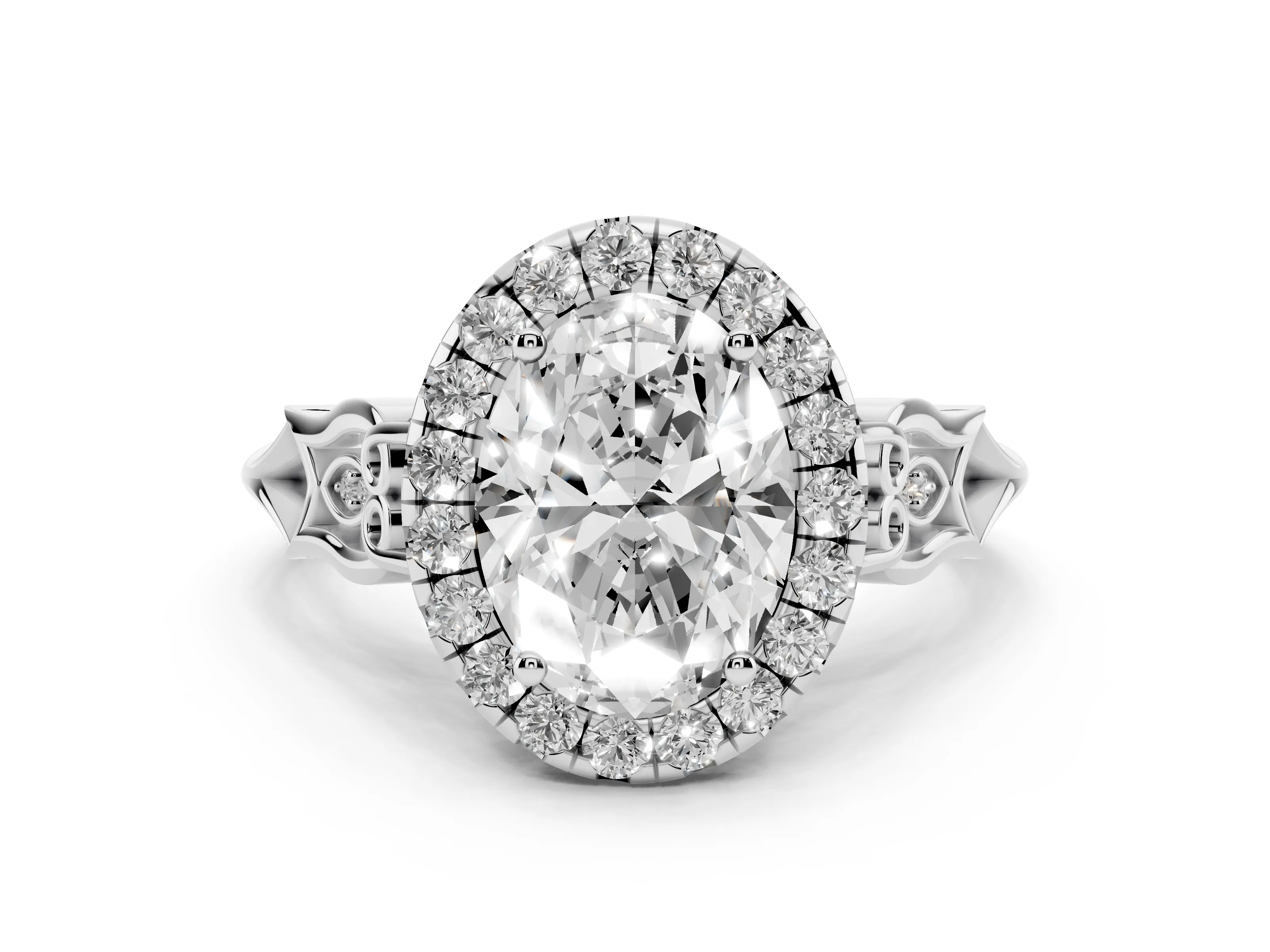 Oval Cut Diamond Halo Engagement Ring Set in White gold with Filigree Band and Prong-Set Center