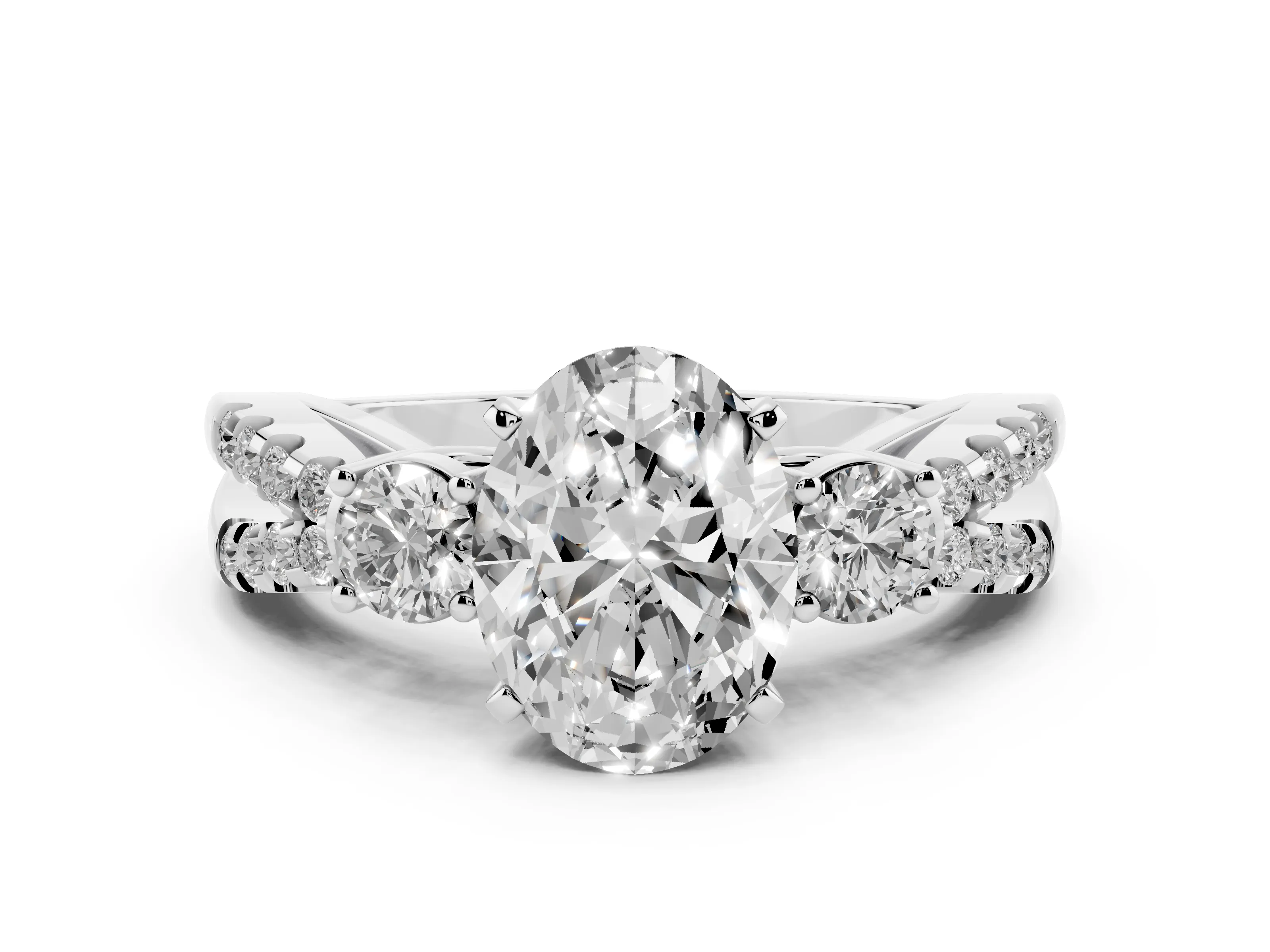 Oval Cut Diamond Three-Stone Ring Set in Silver with Pavé Split Shank and Prong Setting