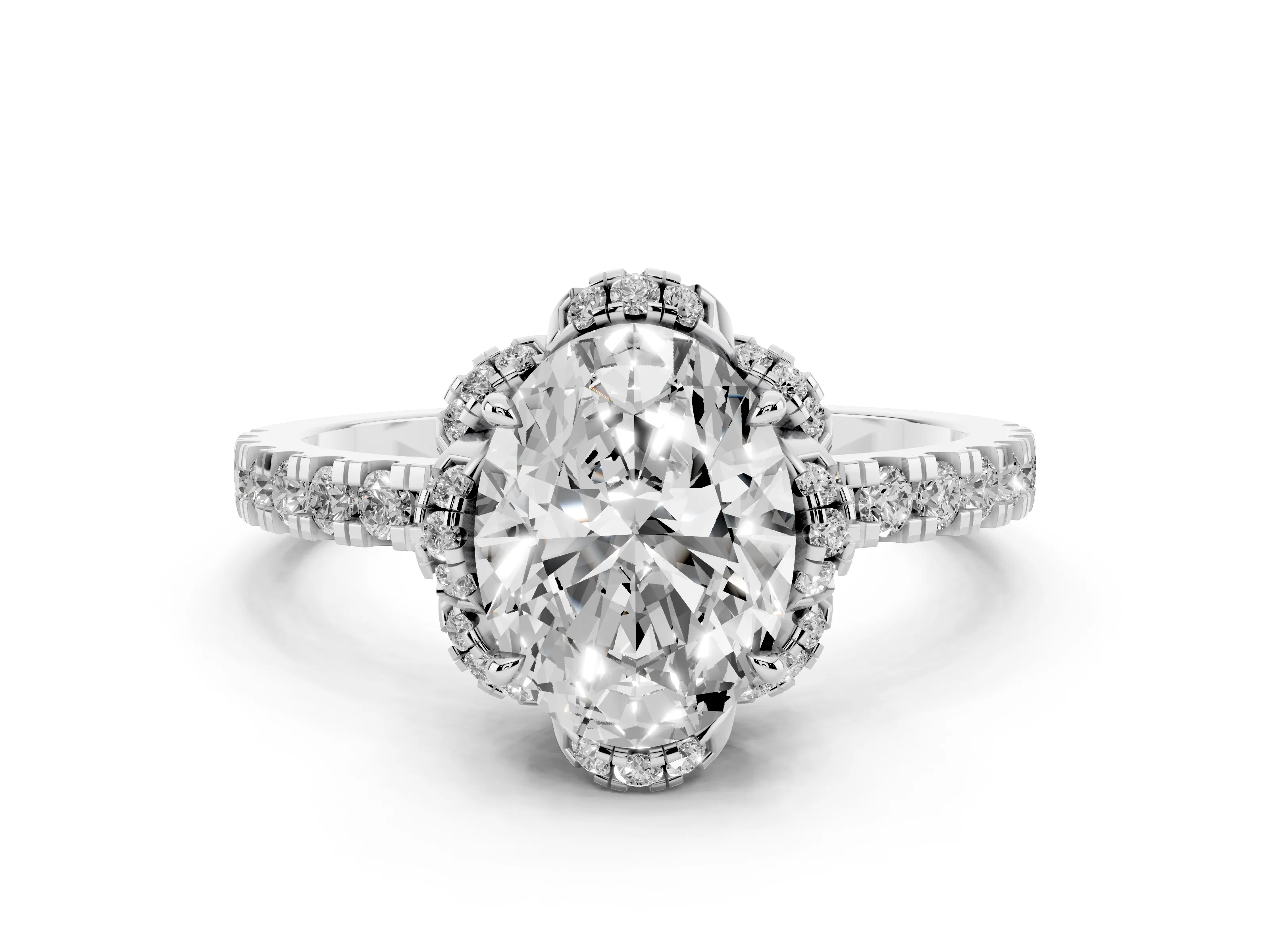 Oval Cut Diamond Halo Pavé Band Ring Set in Platinum with Prong-Held Center