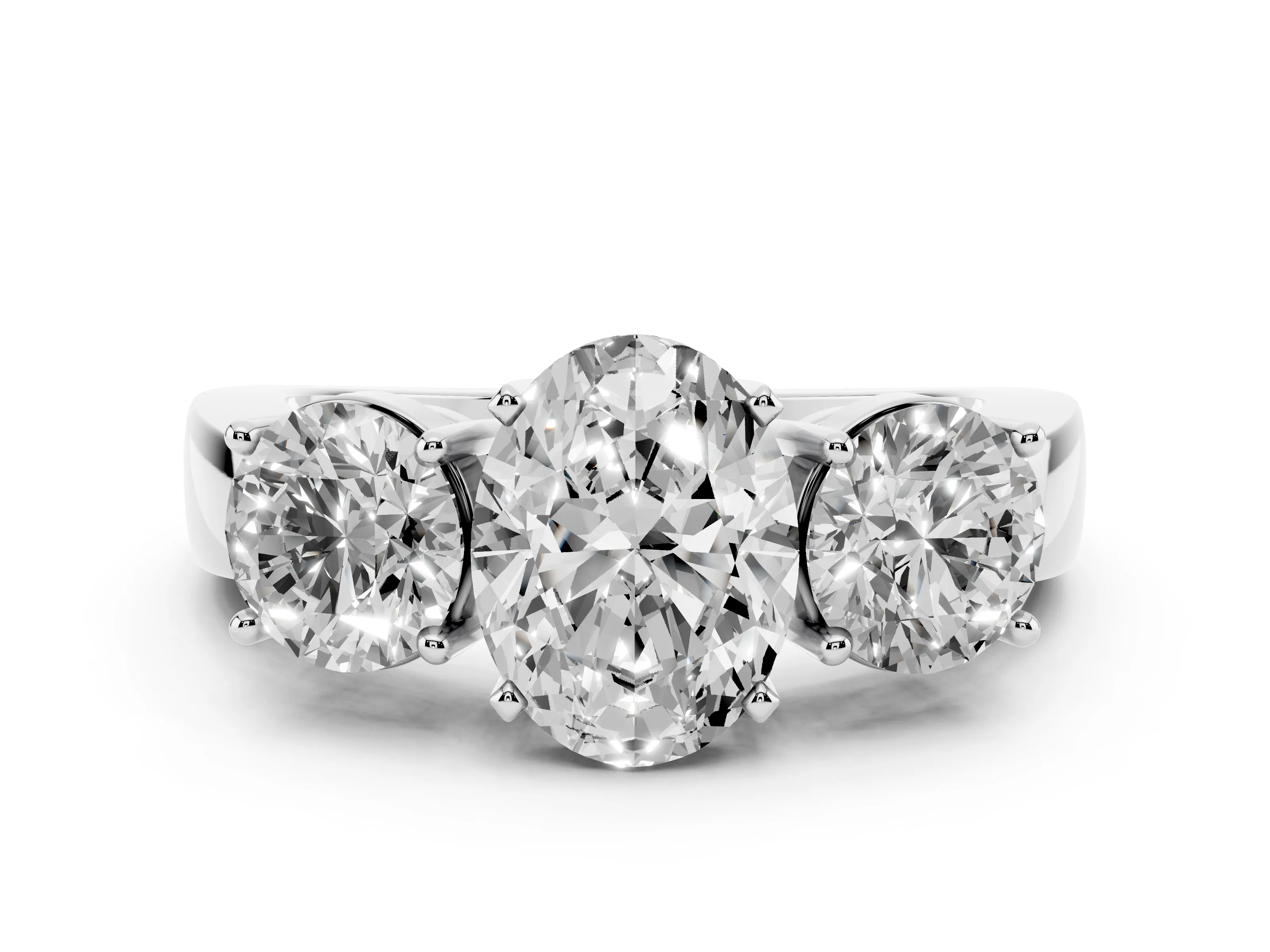 Oval Cut Diamond Three-Stone Ring Set in Platinum with Round Side Stones and Classic Band