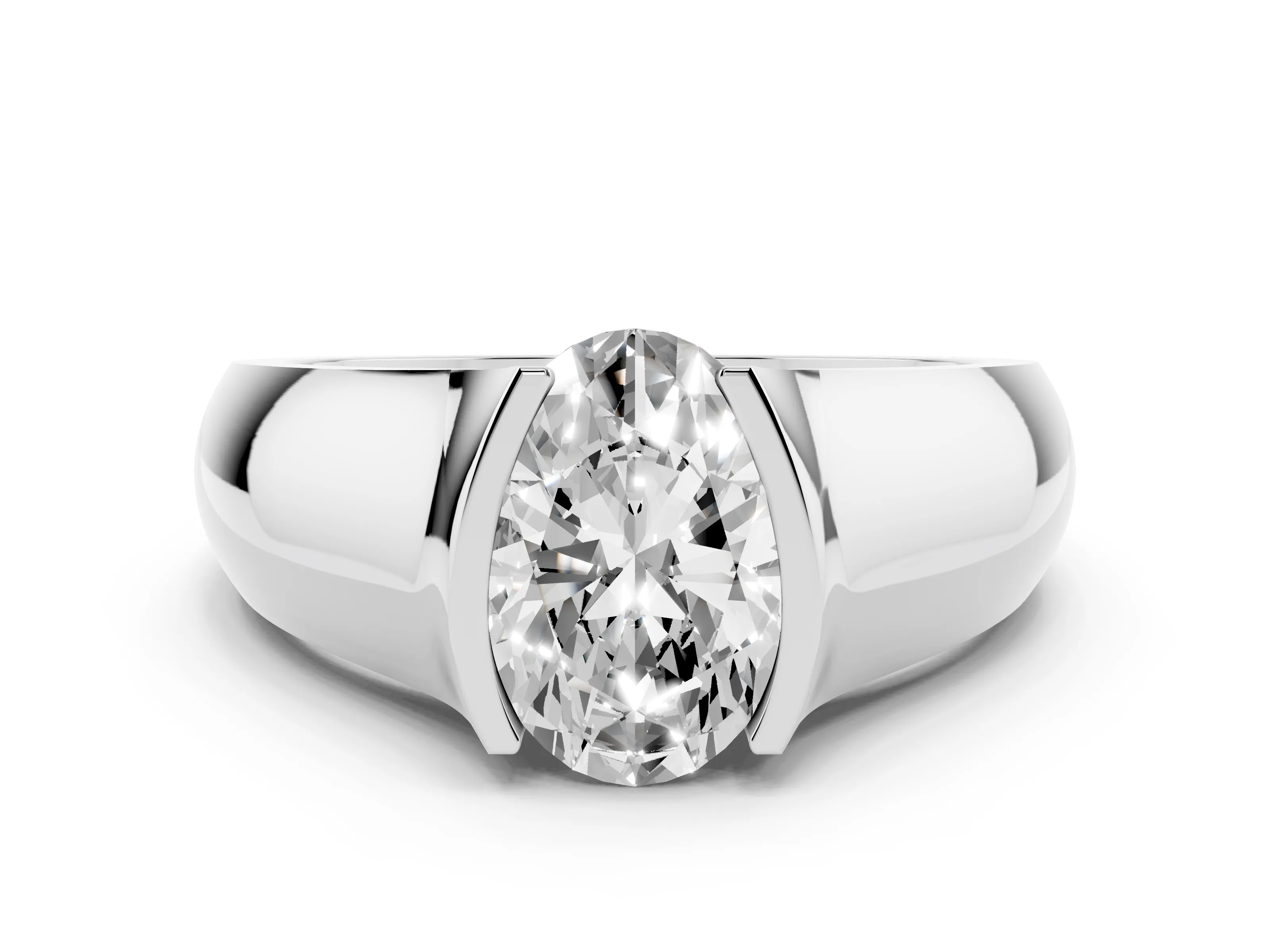 Oval Cut Diamond Bezel Solitaire Ring Set in White gold with Wide Band