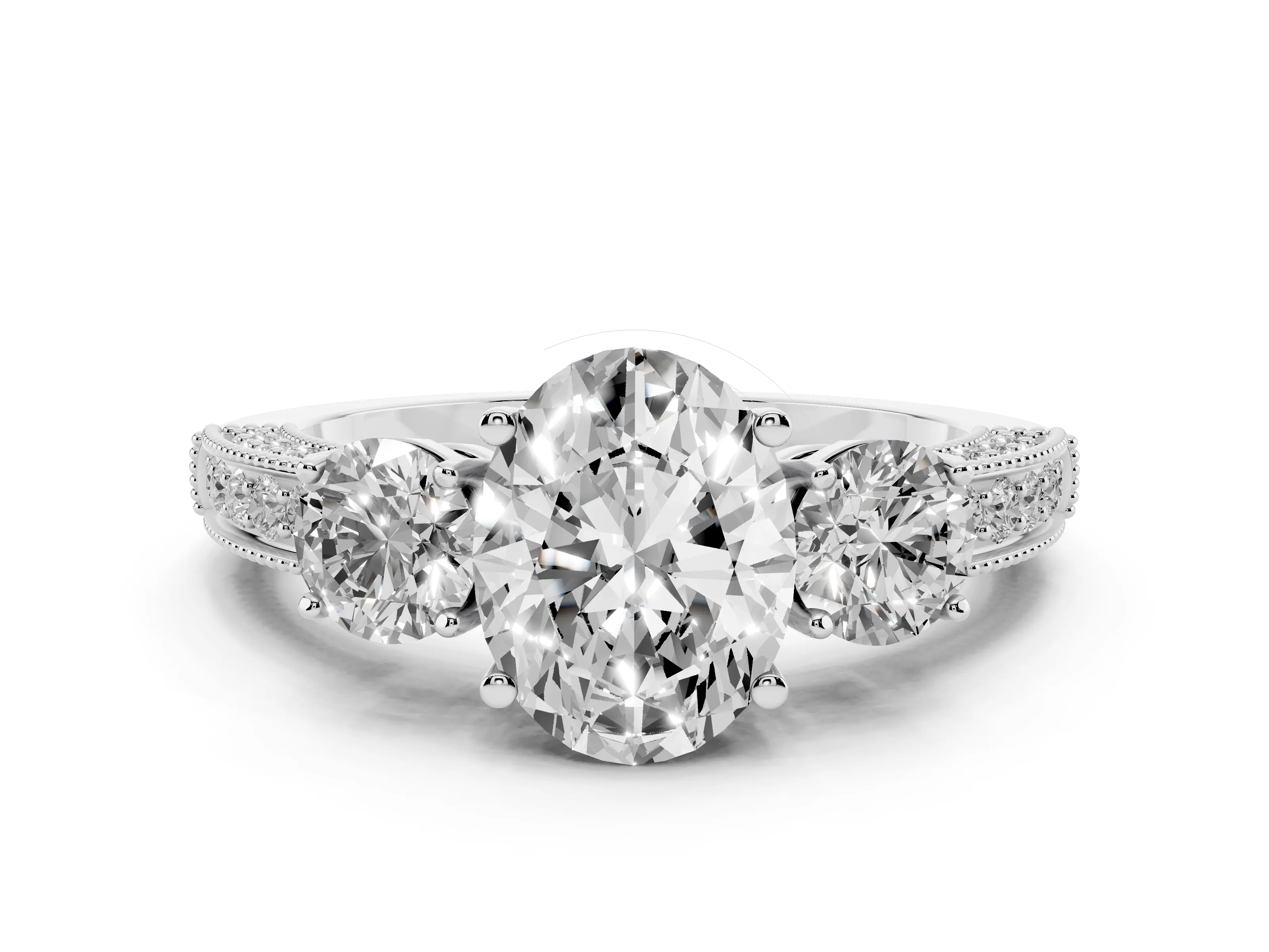 Oval Cut Diamond Three-Stone Ring Set in Silver with Round Side Stones and Pavé Band