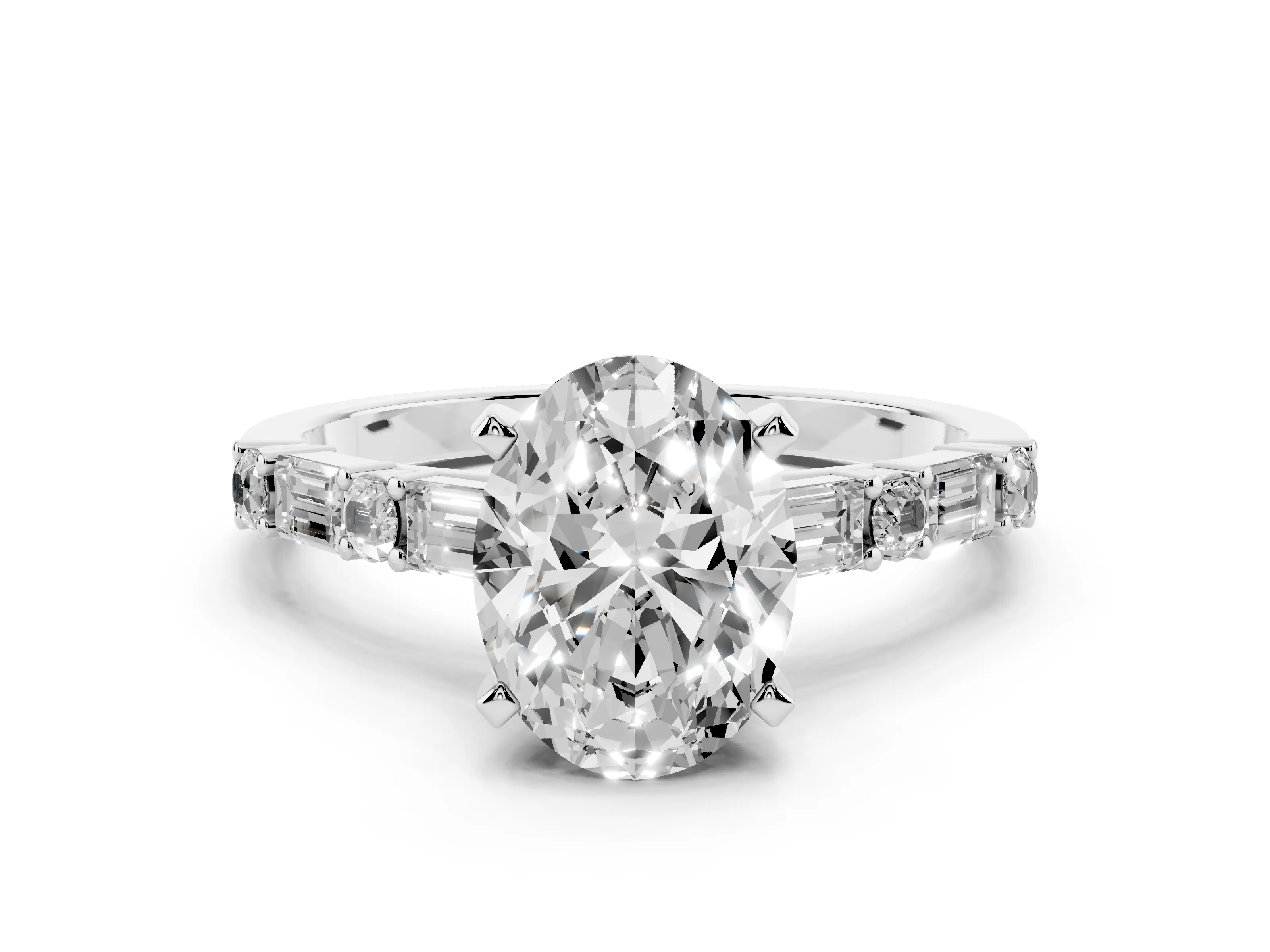 Oval Cut Diamond Solitaire Set in Platinum with Side Baguettes and Channel Set Band