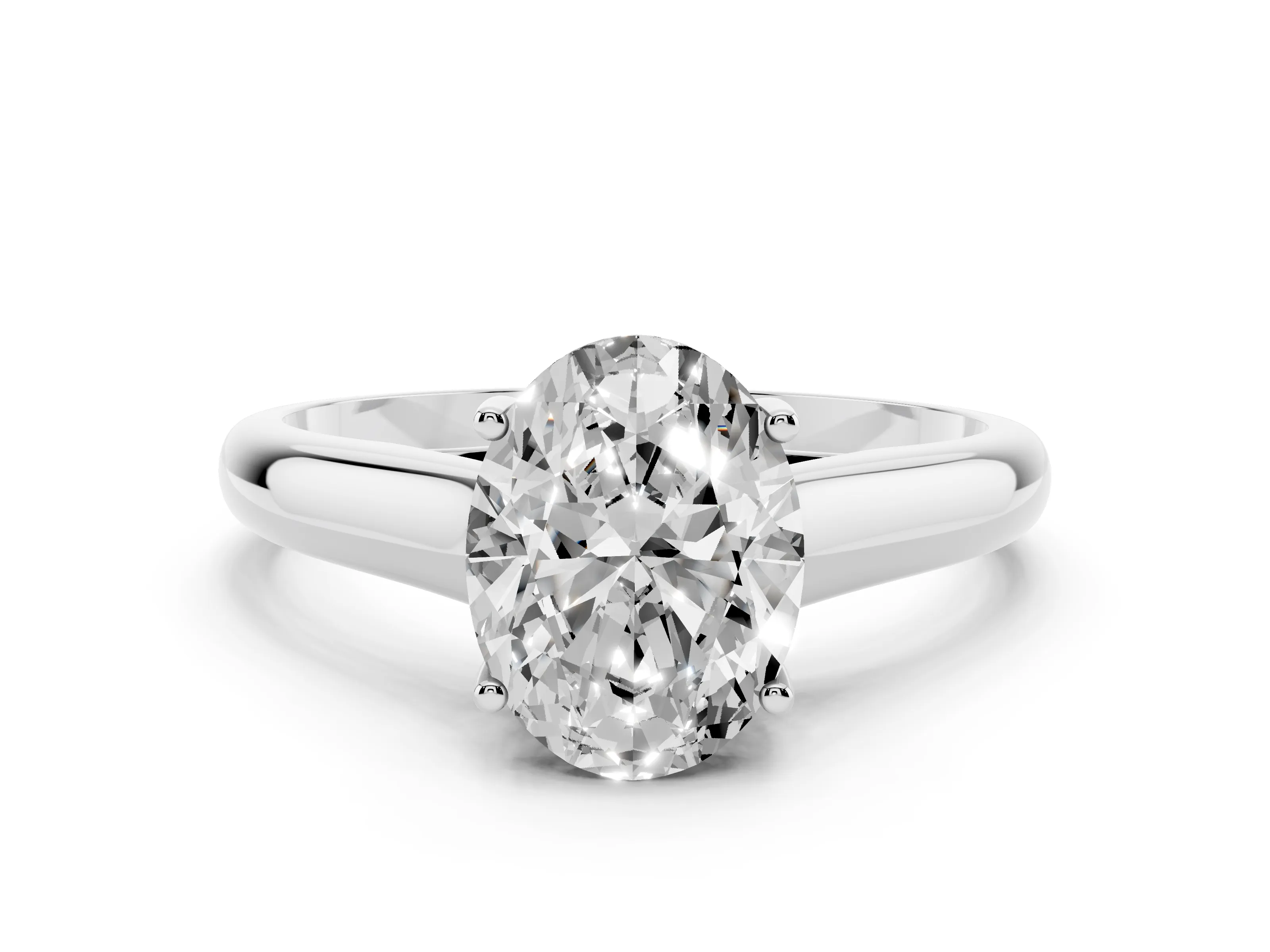 Oval Cut Diamond Solitaire Engagement Ring Set in White gold with Subtly Tapered Band and Prong Setting