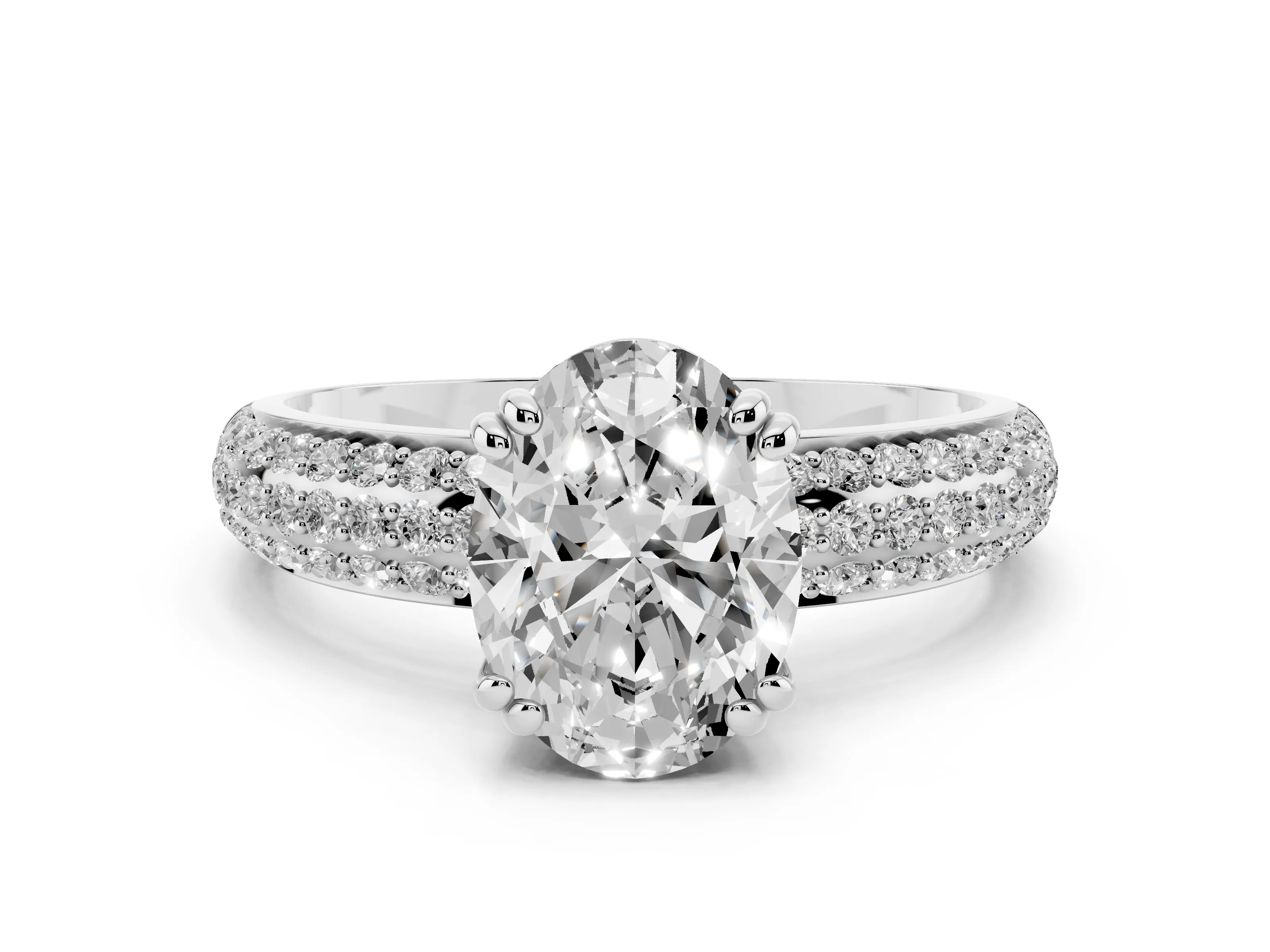 Oval Cut Diamond Solitaire Ring Set in Platinum with Multi-Row Round Pavé Band and Prong Setting
