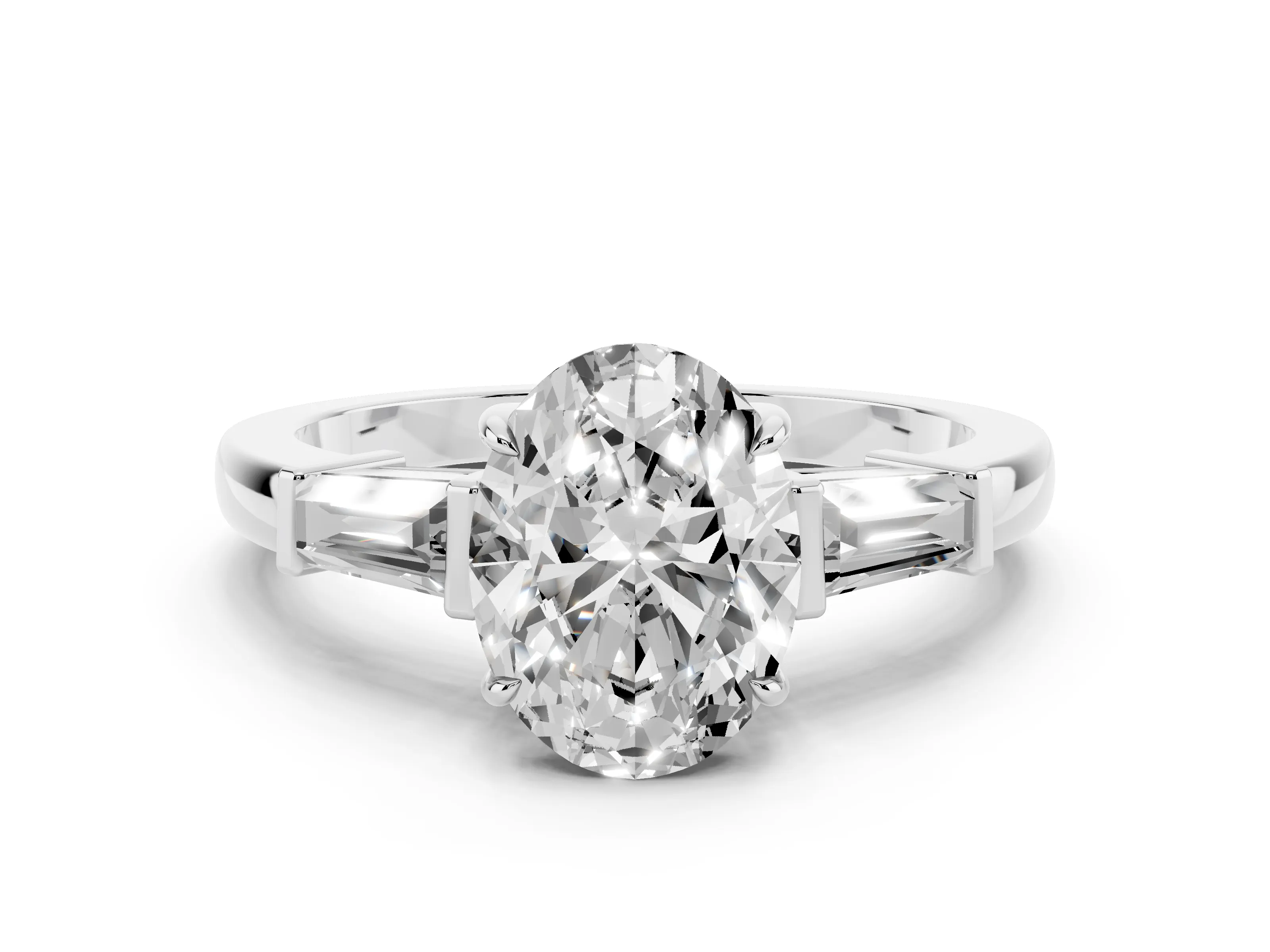 Oval Cut Diamond Three-Stone Ring Set in Platinum with Tapered Baguette Side Stones and Prong Setting