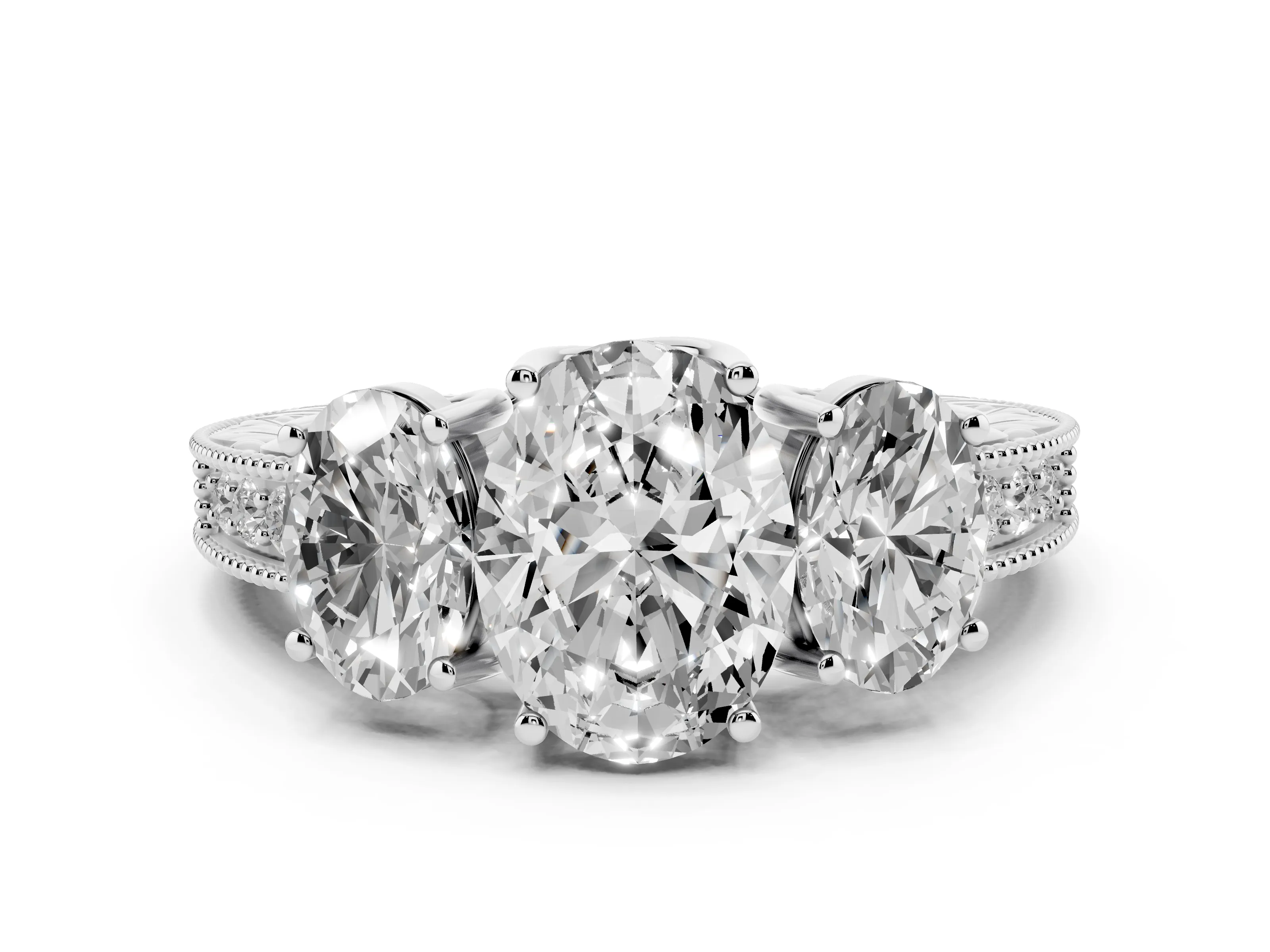 Oval Cut Diamond Three-Stone Engagement Ring Set in Silver with Milgrain Pavé Band