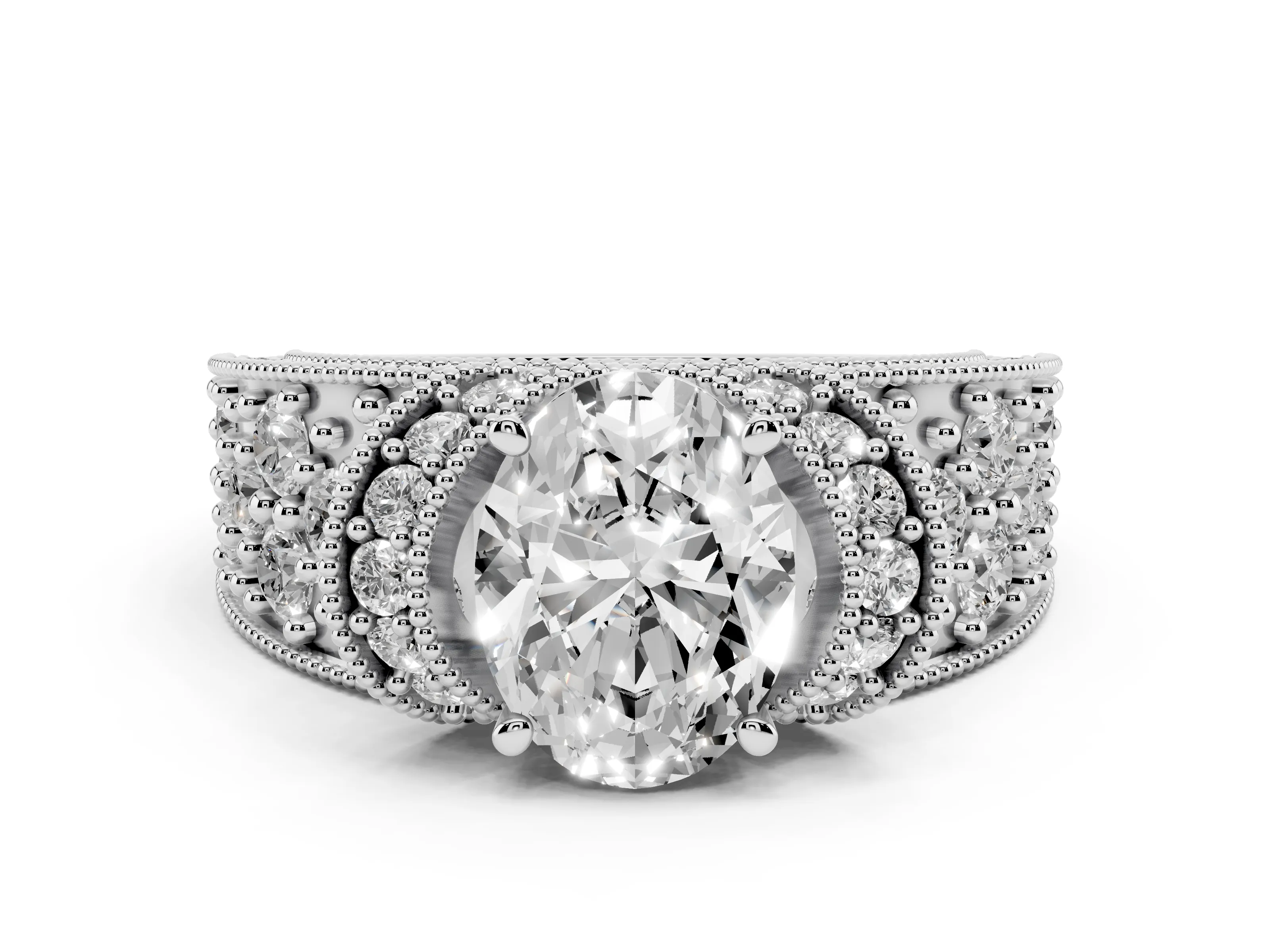 Oval Cut Diamond Milgrain Halo Pavé Engagement Ring Set in Platinum with Prong Setting
