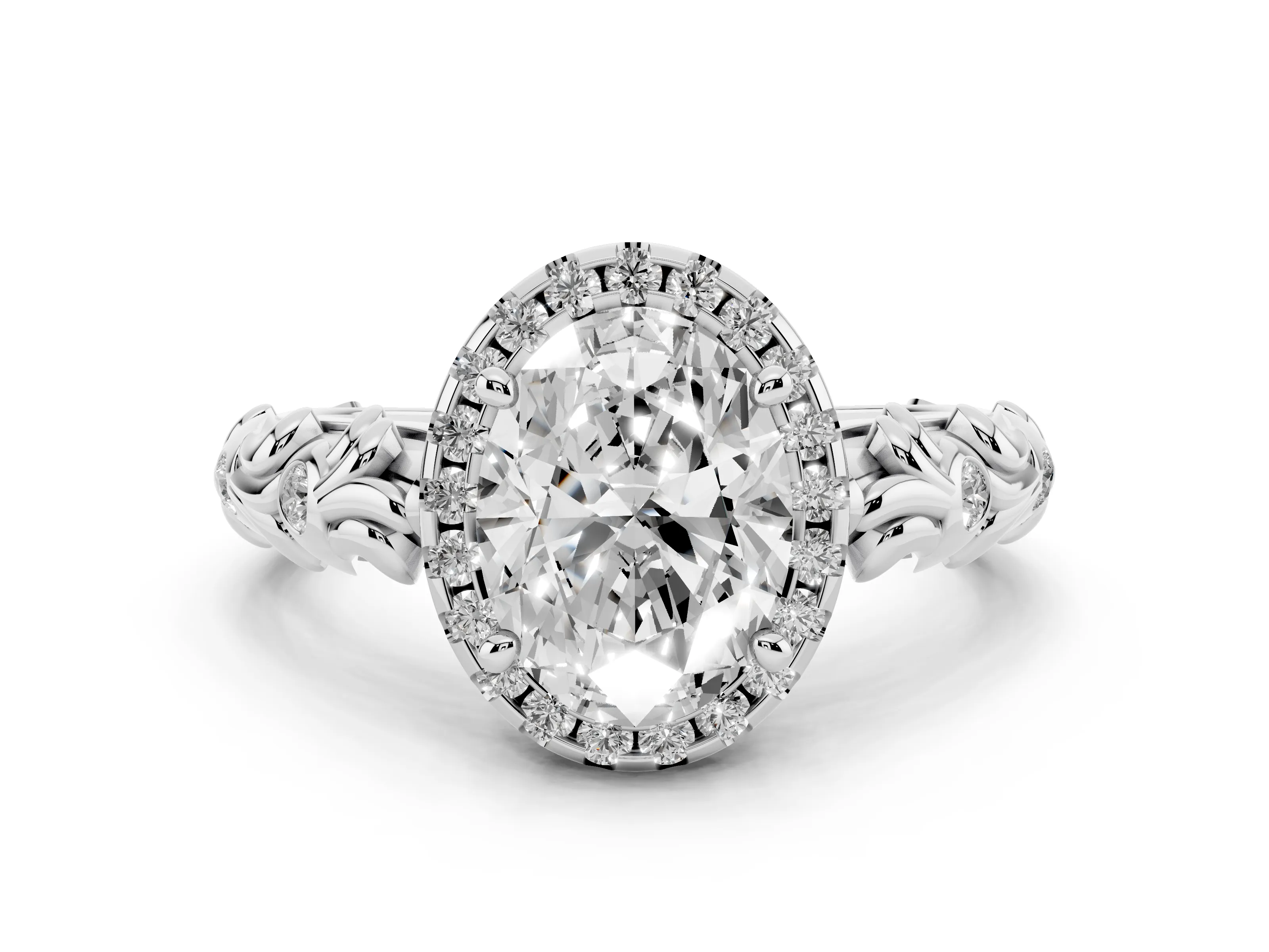 Oval Cut Diamond Halo Ring Set in Platinum with Filigree Leaf Band and Prong Setting