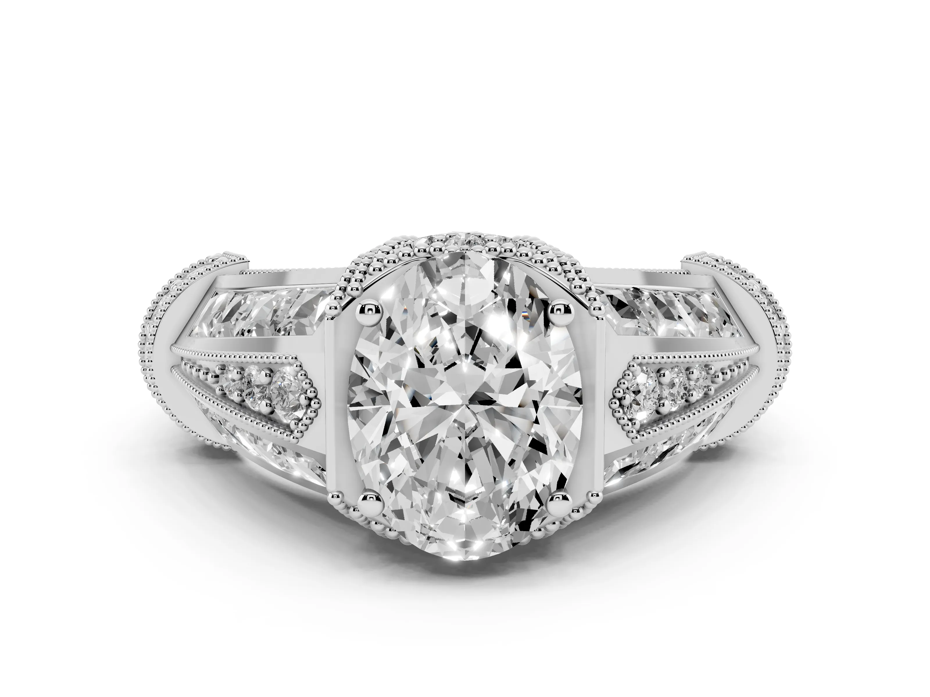 Oval Cut Diamond Vintage-Inspired Milgrain Ring Set in Silver with Accent Split Shank