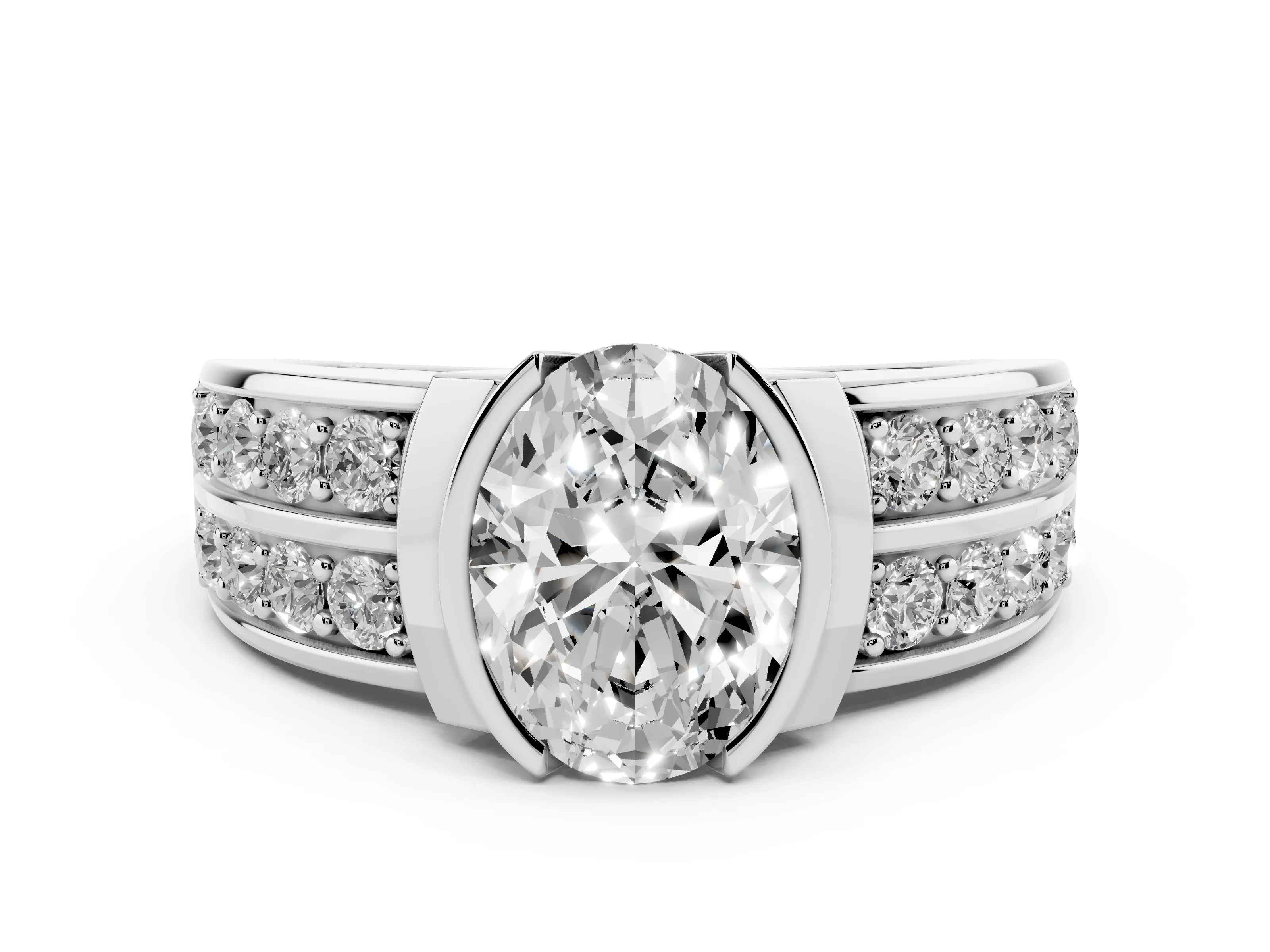 Oval Cut Diamond Wide Channel Set Band Ring Set in White gold with Bezel Setting