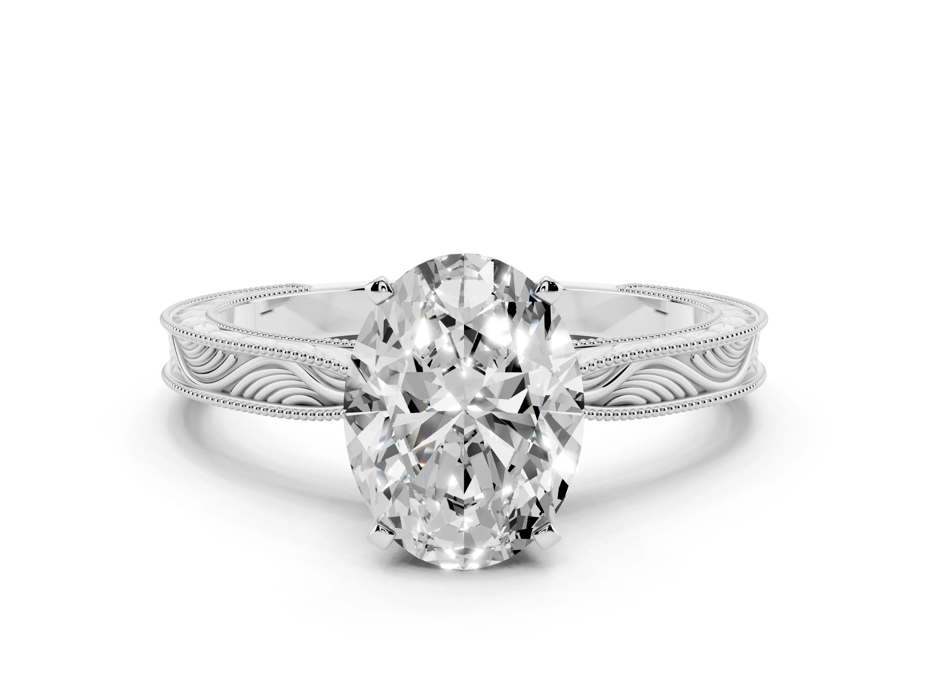 Oval Cut Diamond Solitaire Milgrain Engraved Band Set in Platinum with Prong Setting