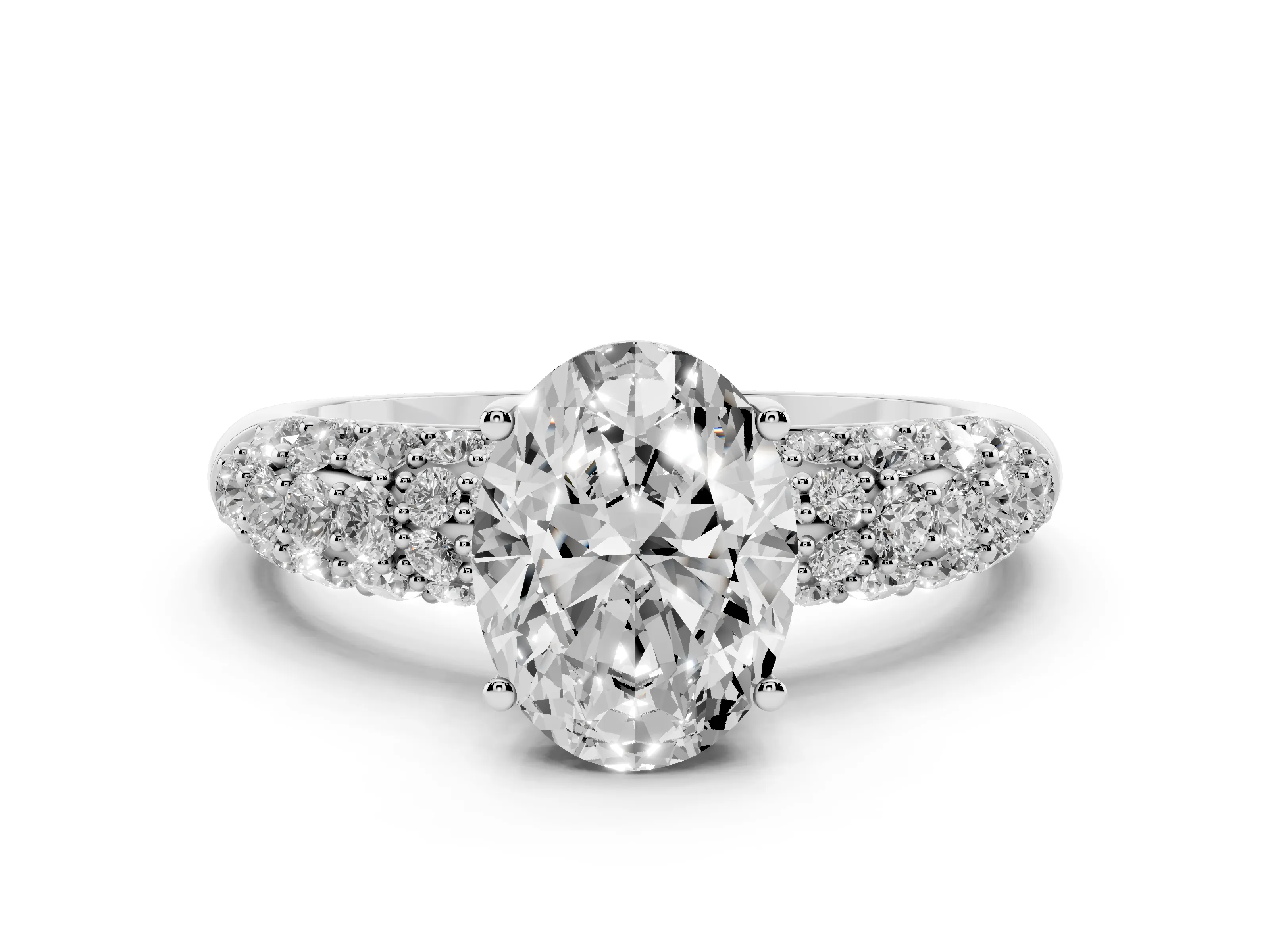 Oval Cut Diamond Pavé Band Solitaire Ring Set in Platinum with Close-Set Accent Stones and Prong Setting