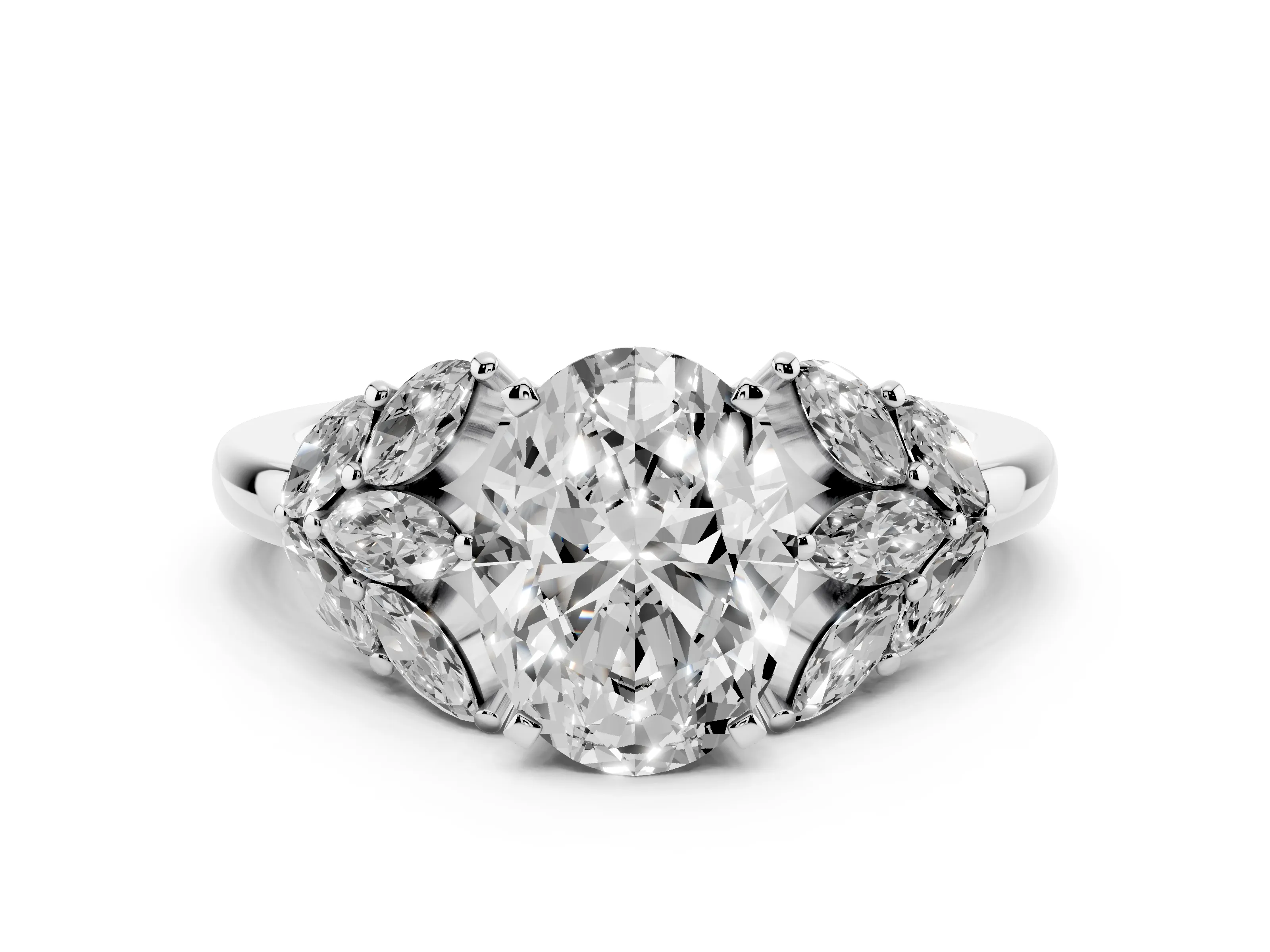 Oval Cut Diamond Cluster Leaf Design Ring Set in White gold with Prong Setting