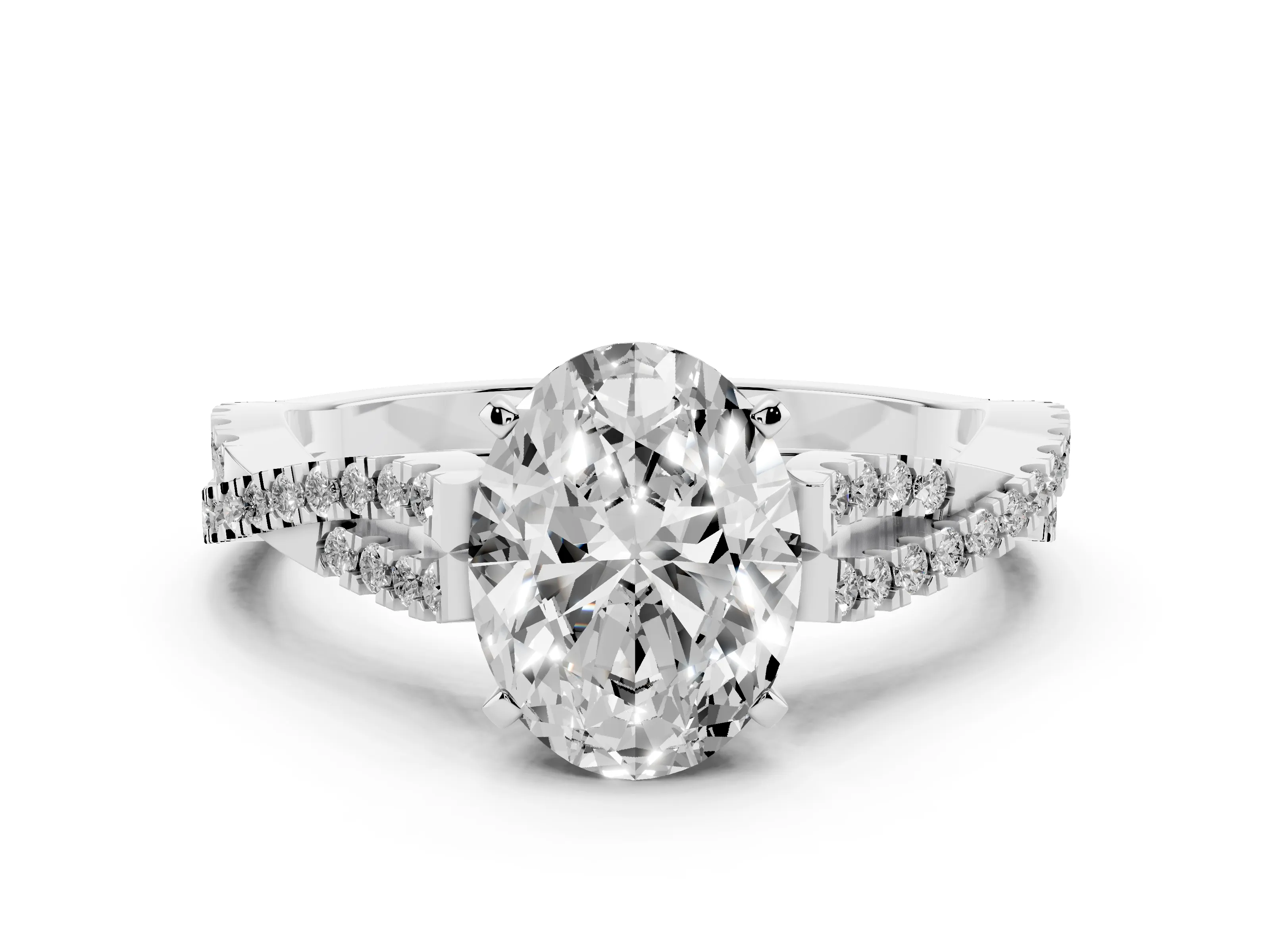 Oval Cut Diamond Solitaire Engagement Ring Set in White gold with Twisted Pavé Band and Prong Setting