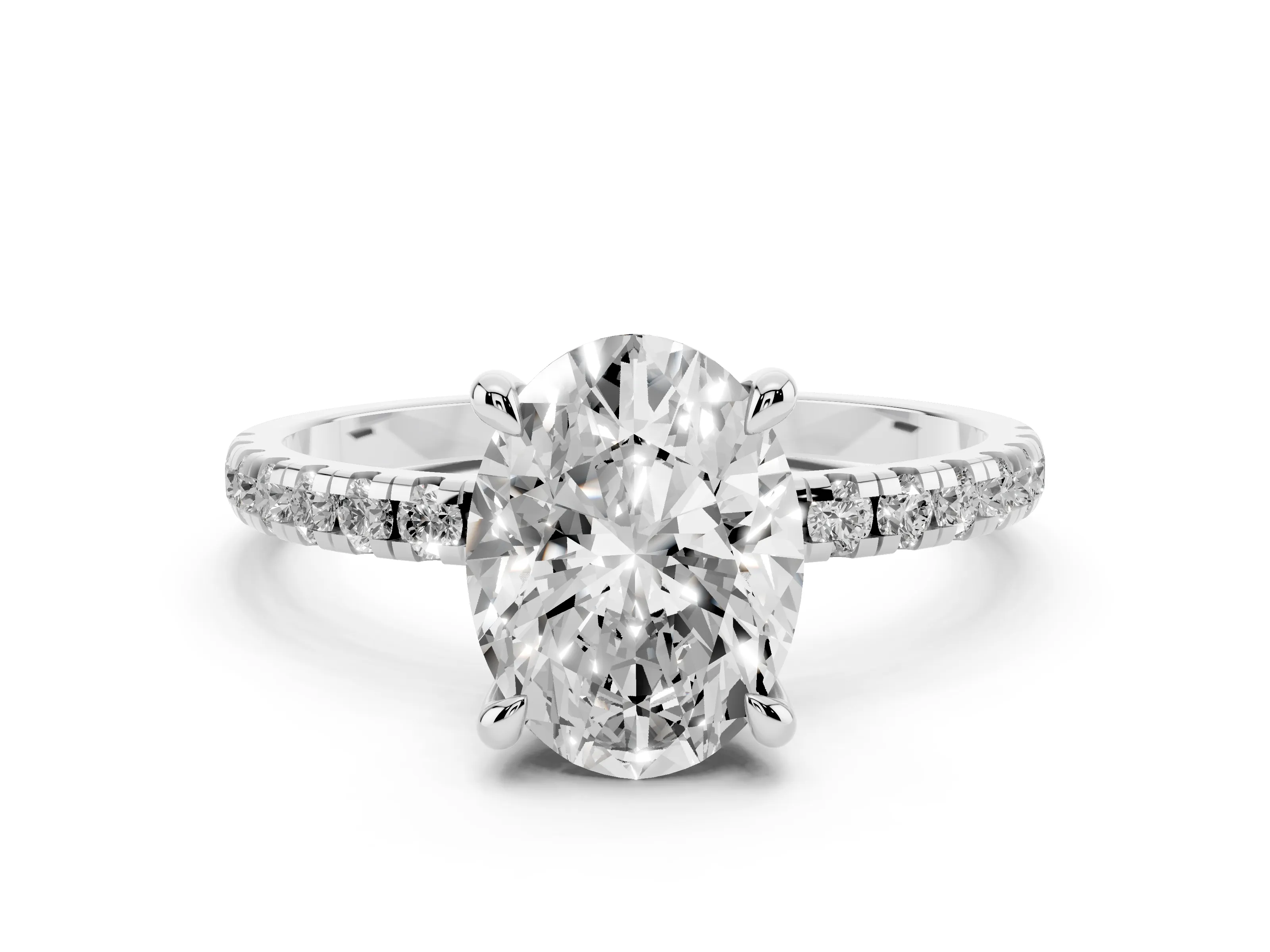 Oval Cut Diamond Brilliant Solitaire Ring Set in White gold with Pavé Band and Prong Setting
