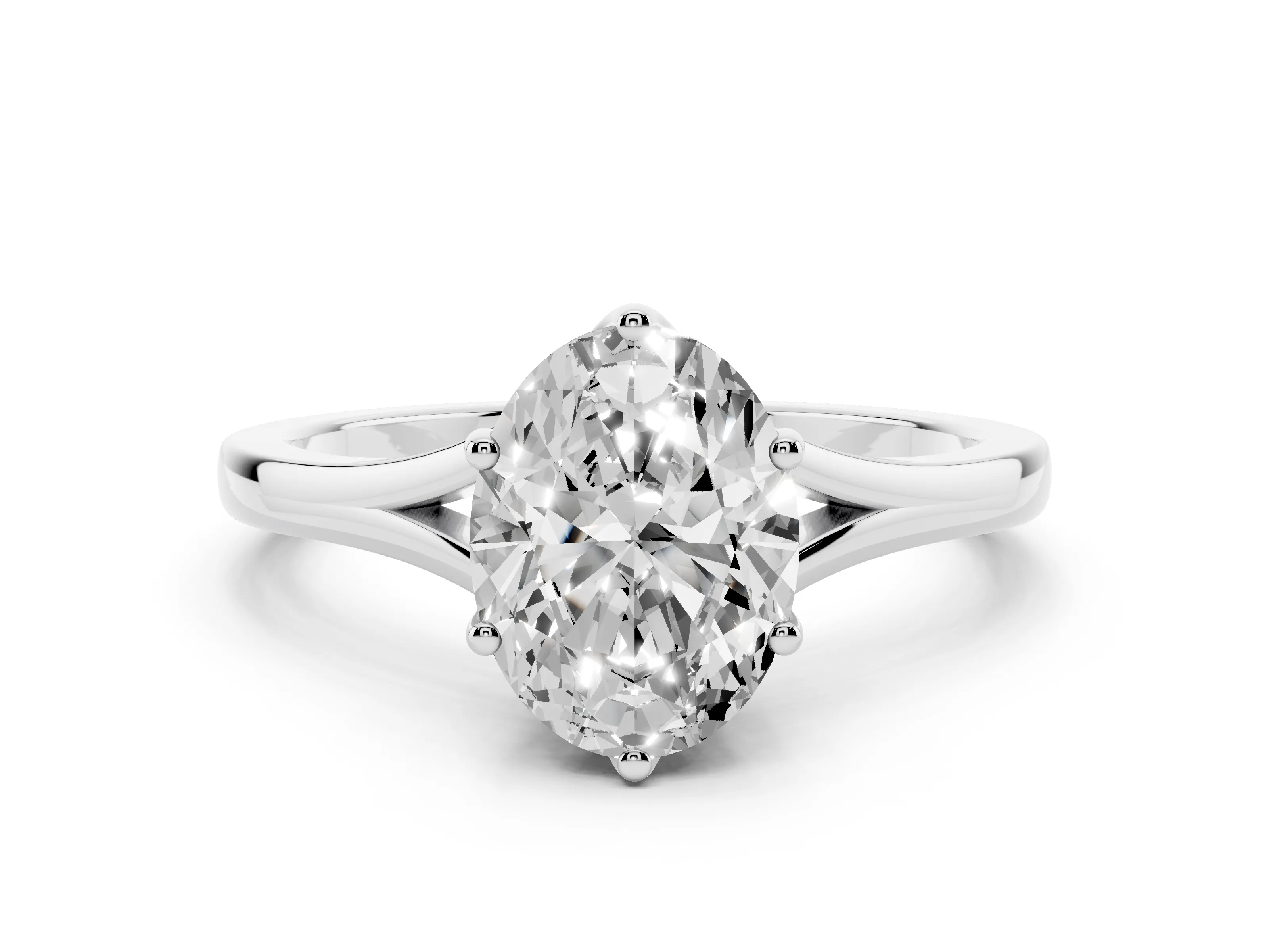 Oval Cut Diamond Solitaire Ring Set in Platinum with Polished Tapered Band and Prong Setting