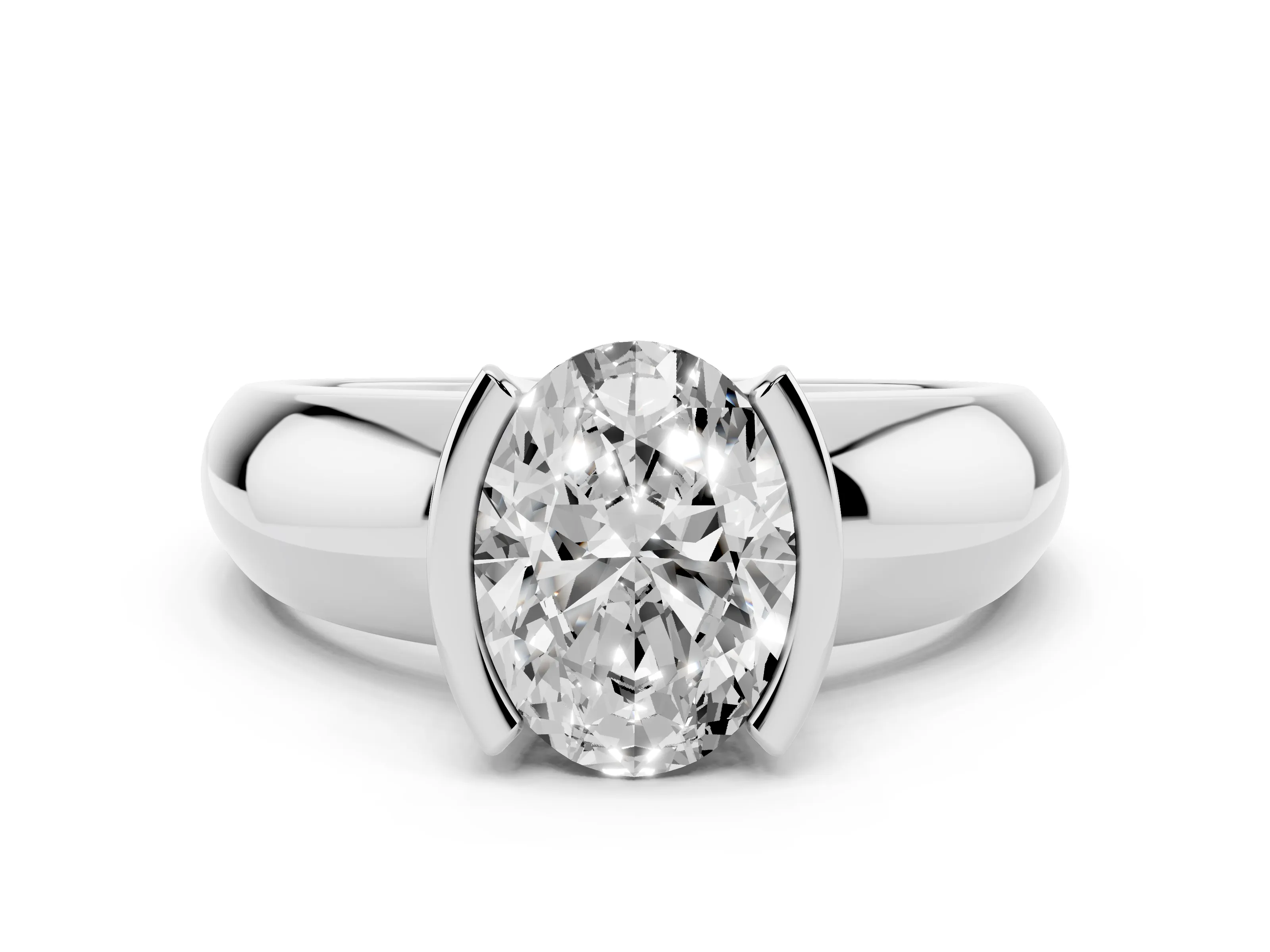 Oval Cut Diamond Solitaire Tension Set Ring Set in White gold with Wide Band