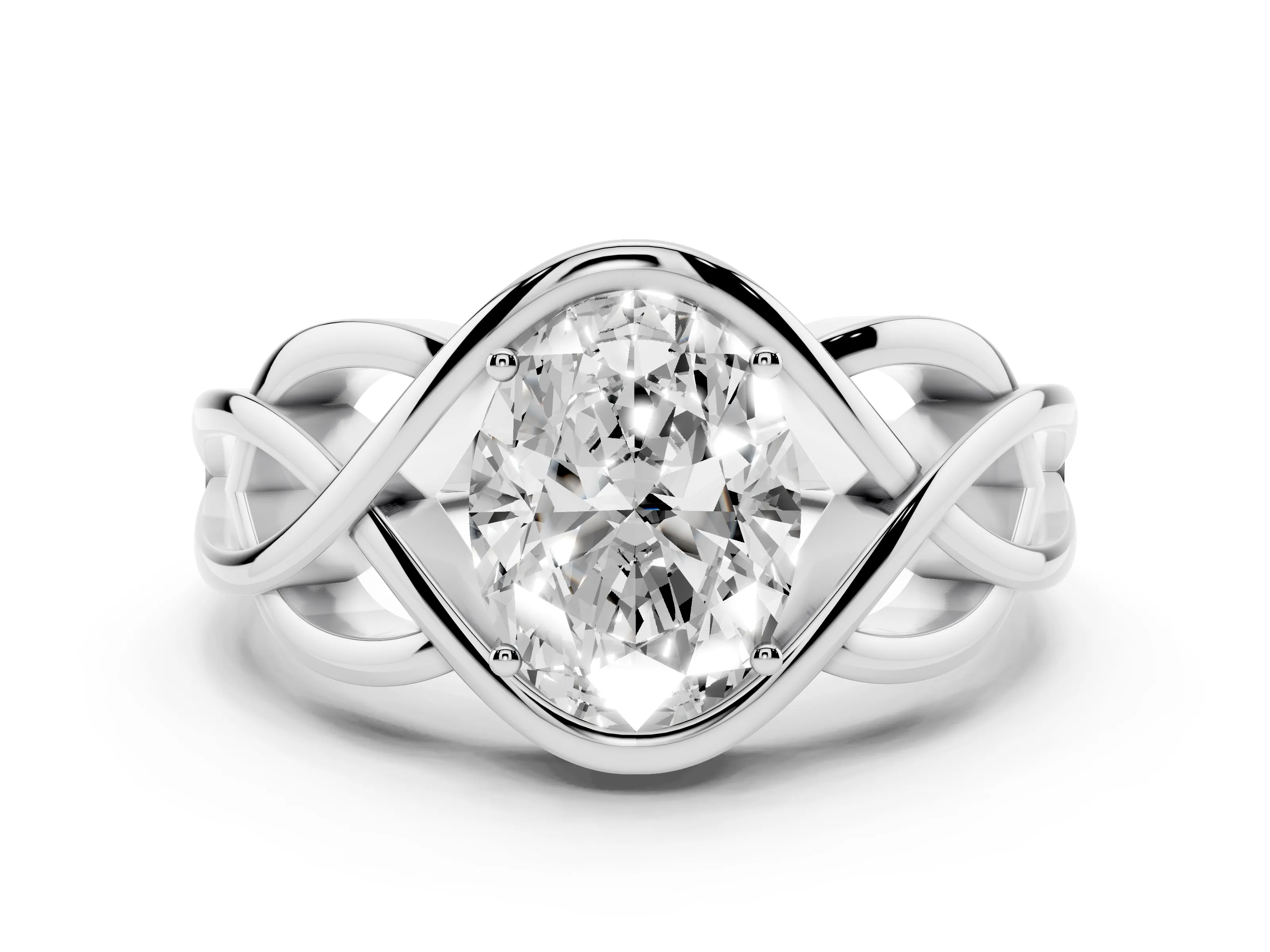 Oval Cut Diamond Solitaire Ring Set in Silver with Intertwined Band