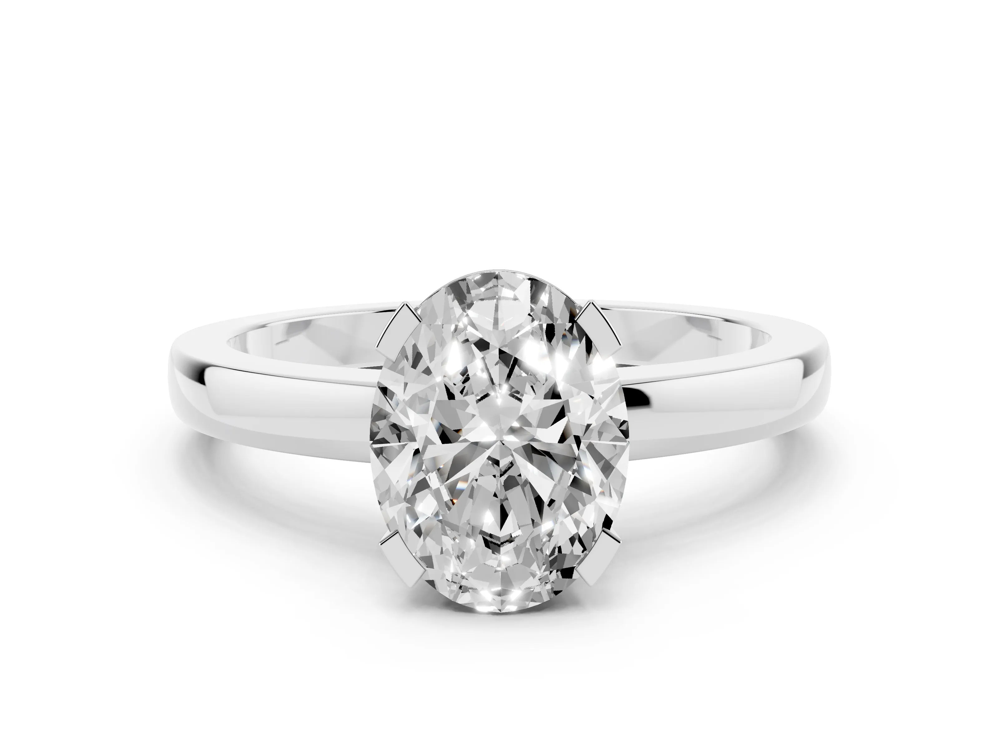 Oval Cut Diamond Solitaire Ring Set in Platinum with Prong Head and Smooth Polished Band
