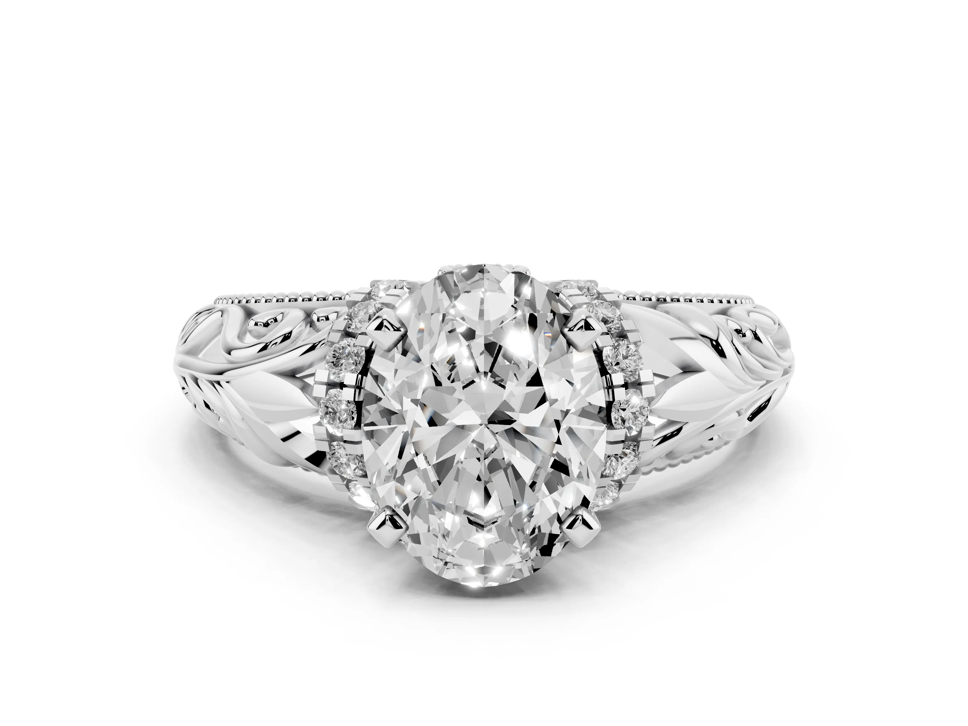 Oval Cut Diamond Filigree Halo Engagement Ring Set in White gold with Prong Setting