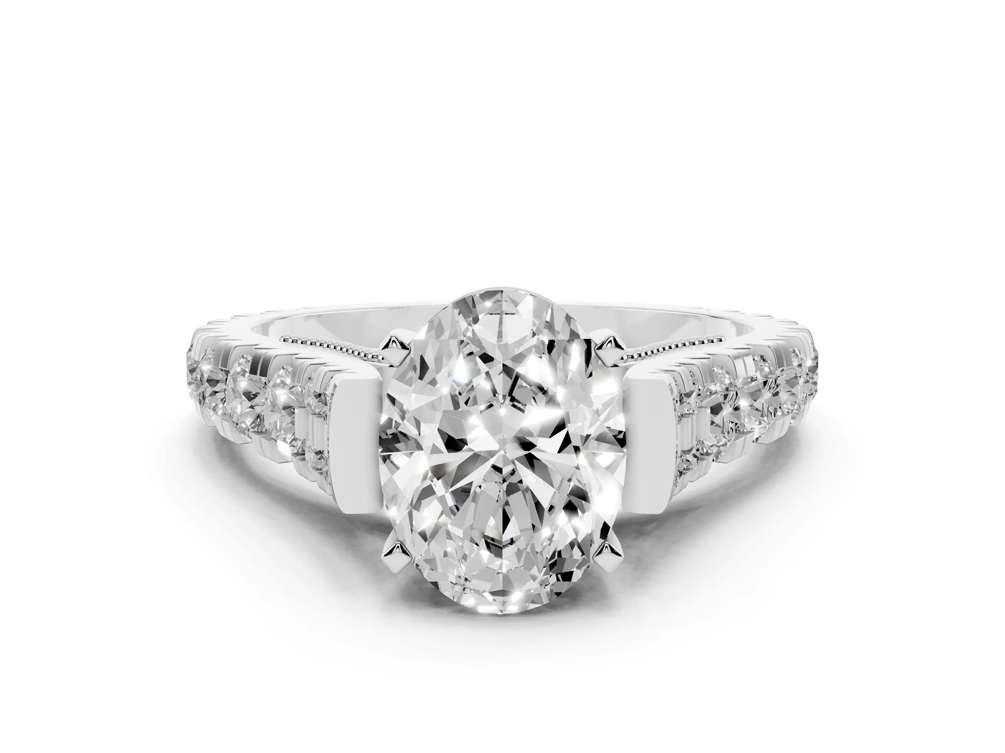 Oval Cut Diamond Classic Solitaire Ring Set in Platinum with Pavé Band and Prong Setting
