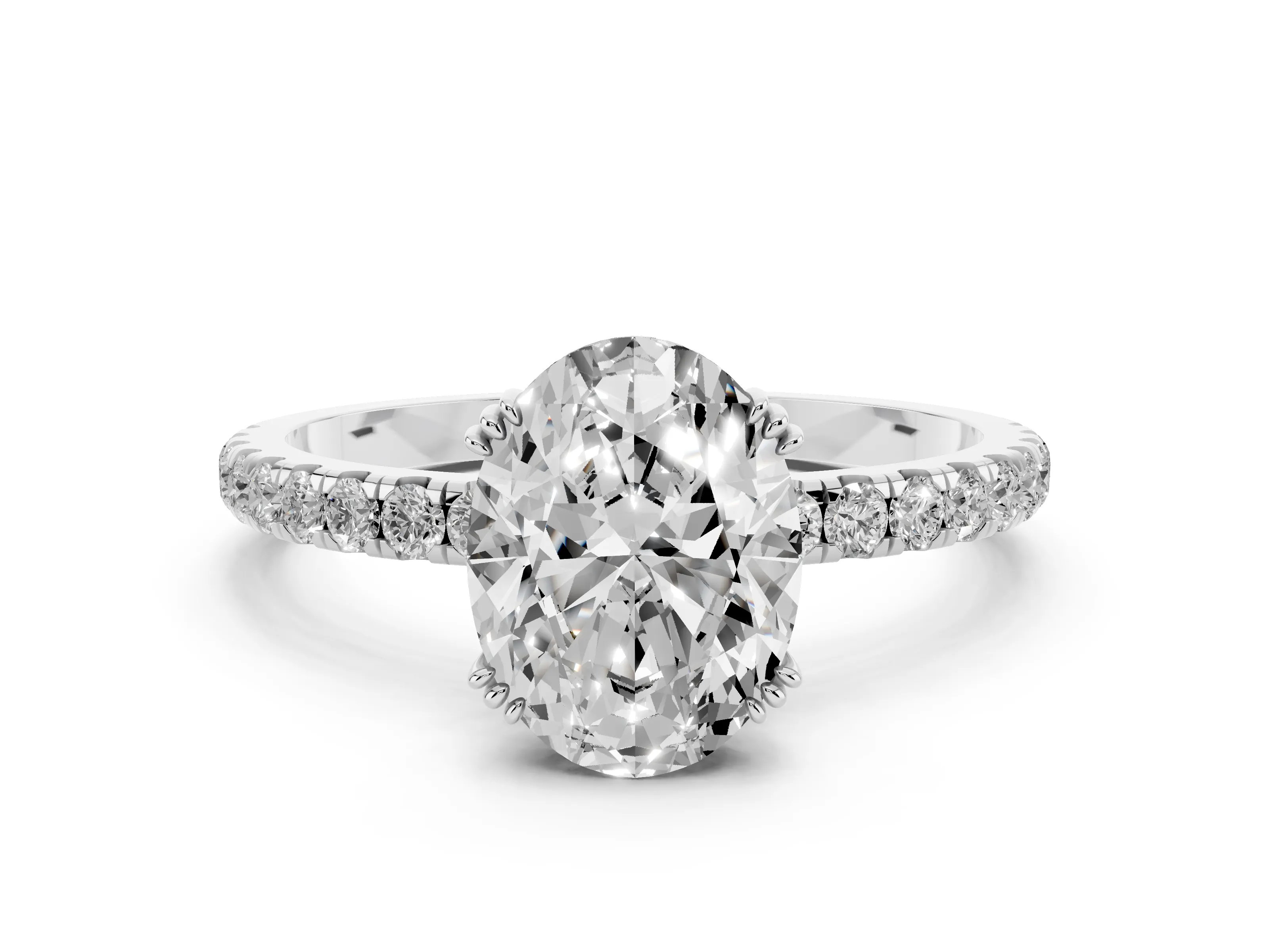 Oval Cut Diamond Brilliant Solitaire Set in Silver with Pavé Band and Claw Prong Setting