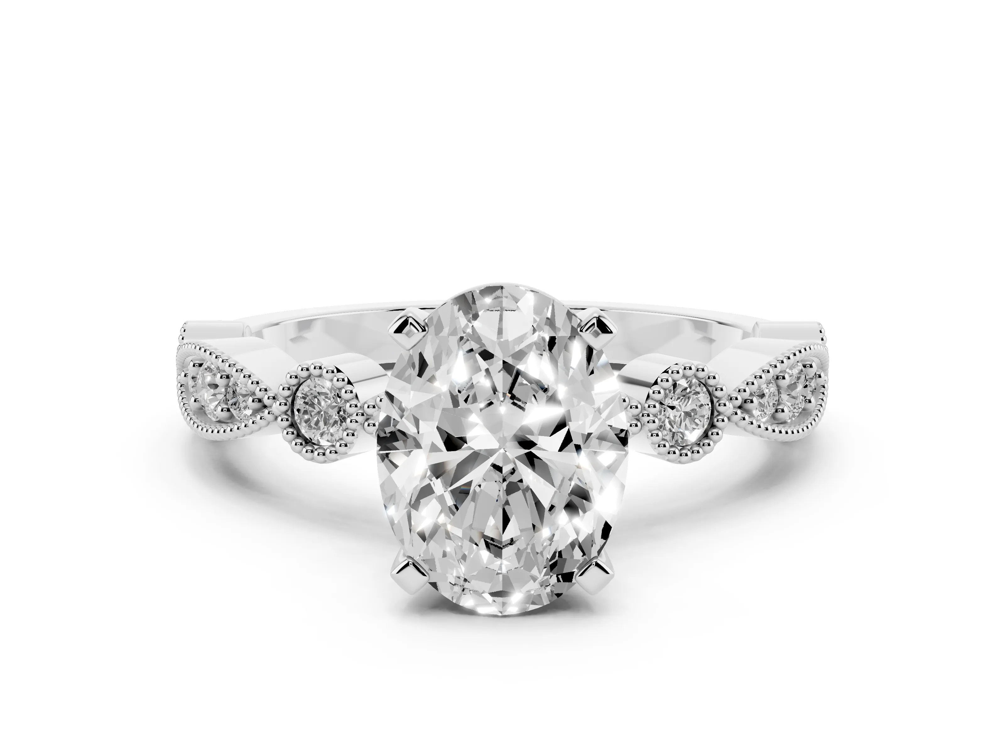 Oval Cut Diamond Solitaire Engagement Ring Set in Platinum with Milgrain Bezel Accent Band