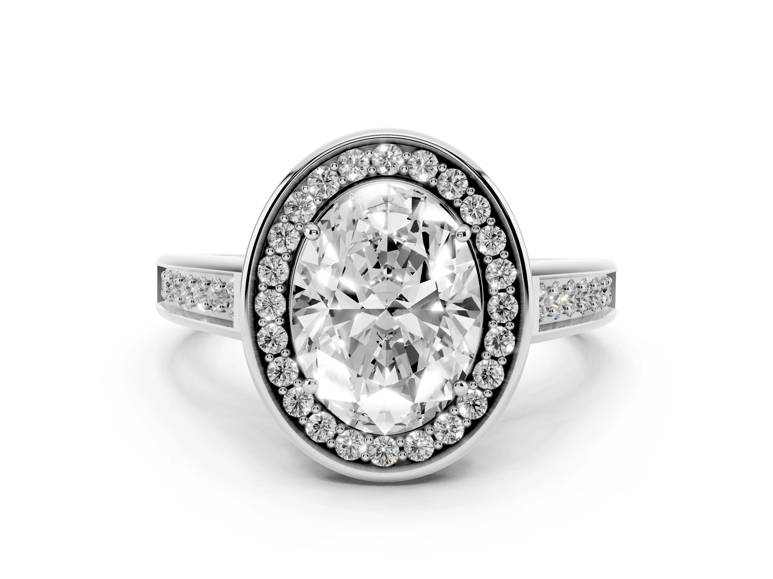 Oval Cut Diamond Halo Solitaire Ring Set in Platinum with Pavé Band and Bezel Setting