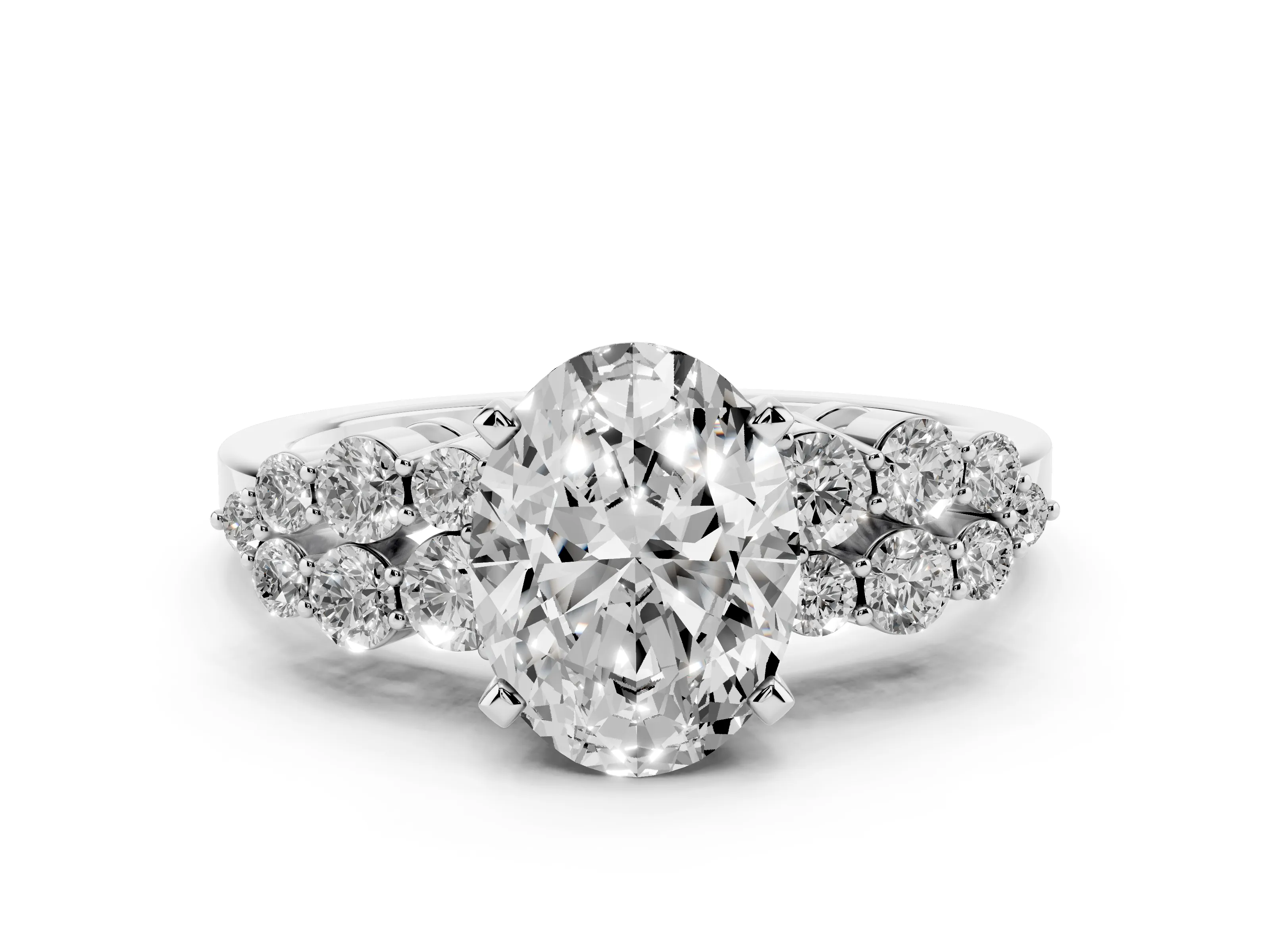 Oval Cut Diamond Cluster Engagement Ring Set in Silver with Pavé Band and Prong Setting