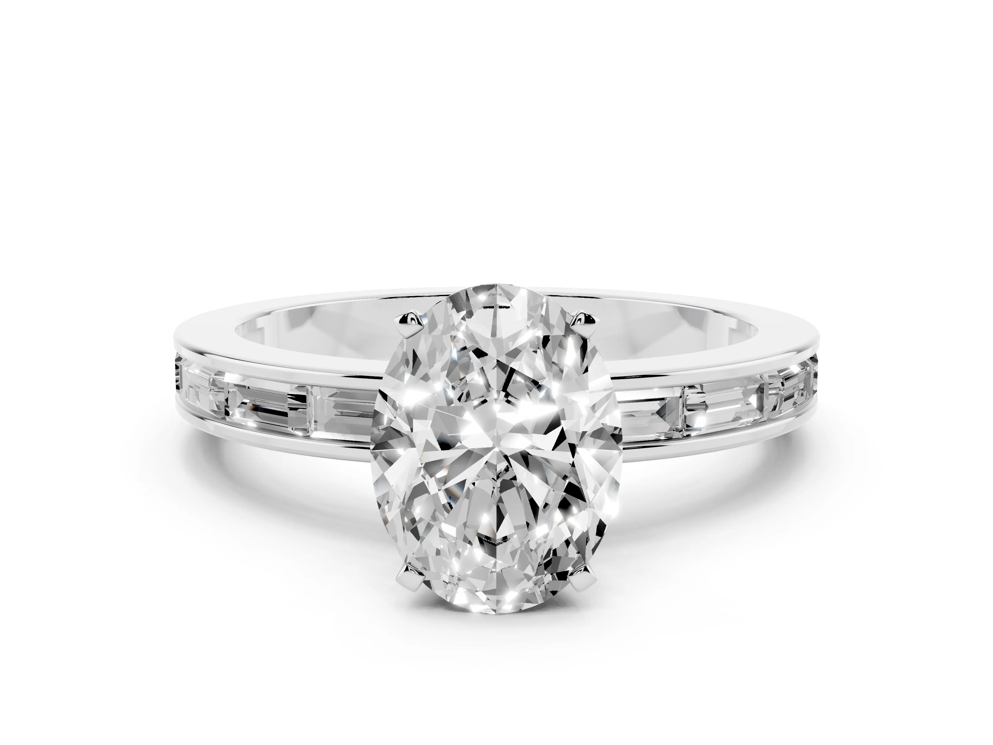 Oval Cut Diamond Solitaire Ring Set in White gold with Channel-Set Baguette Band and Prong Setting