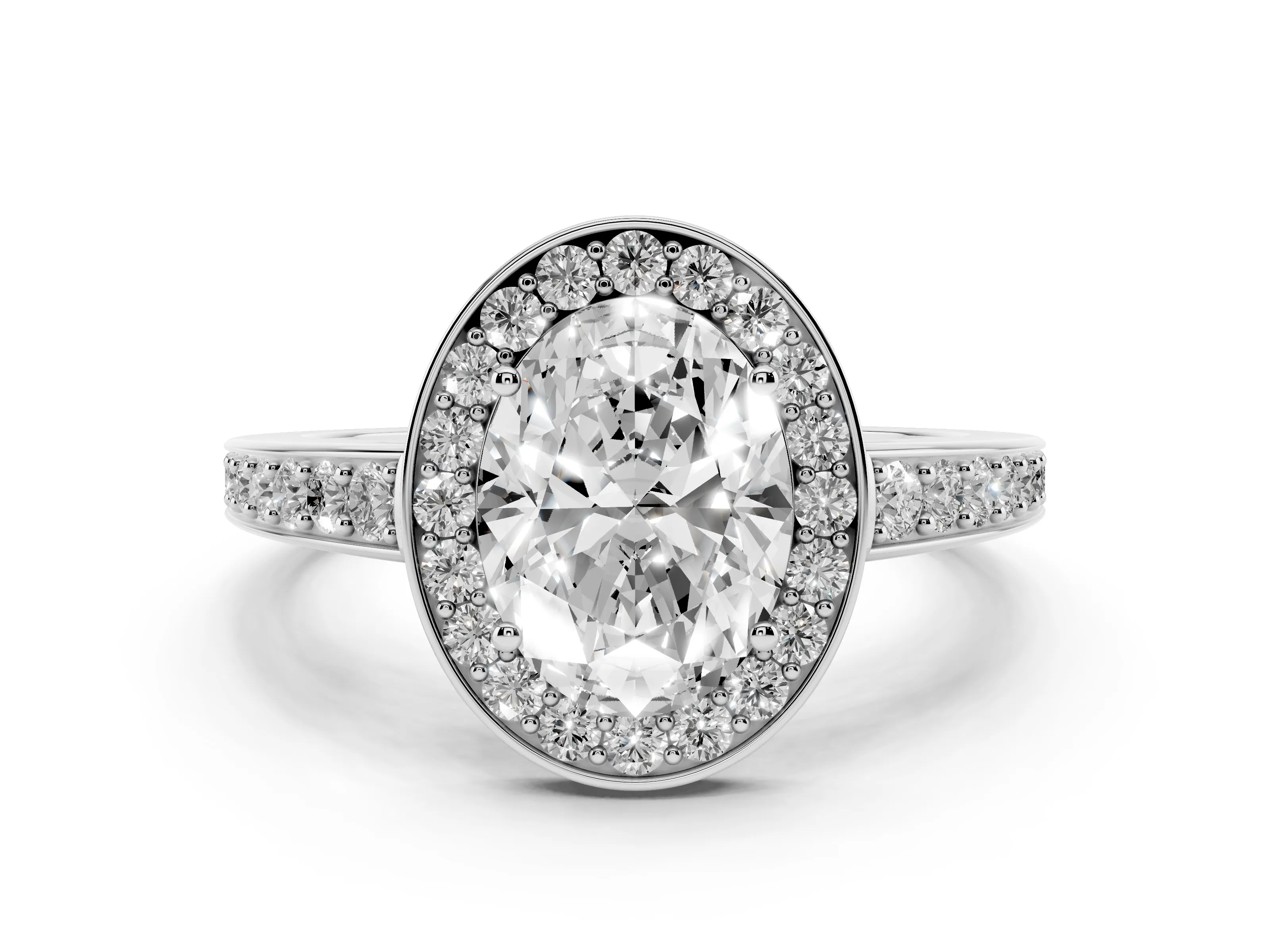 Oval Cut Diamond Halo Pavé Engagement Ring Set in White gold with Bezel Setting