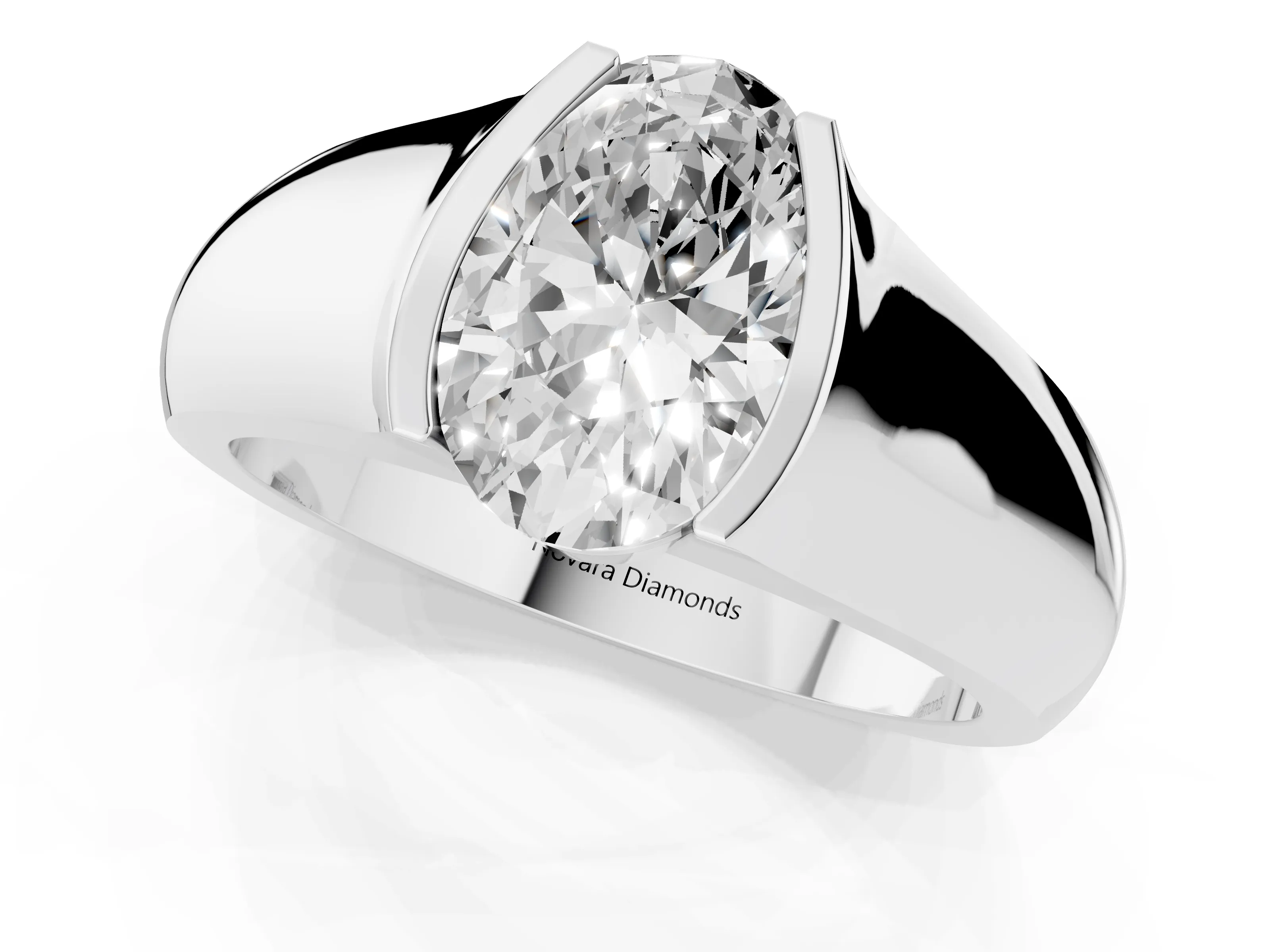 Oval Cut Diamond Bezel Solitaire Ring Set in White gold with Wide Band