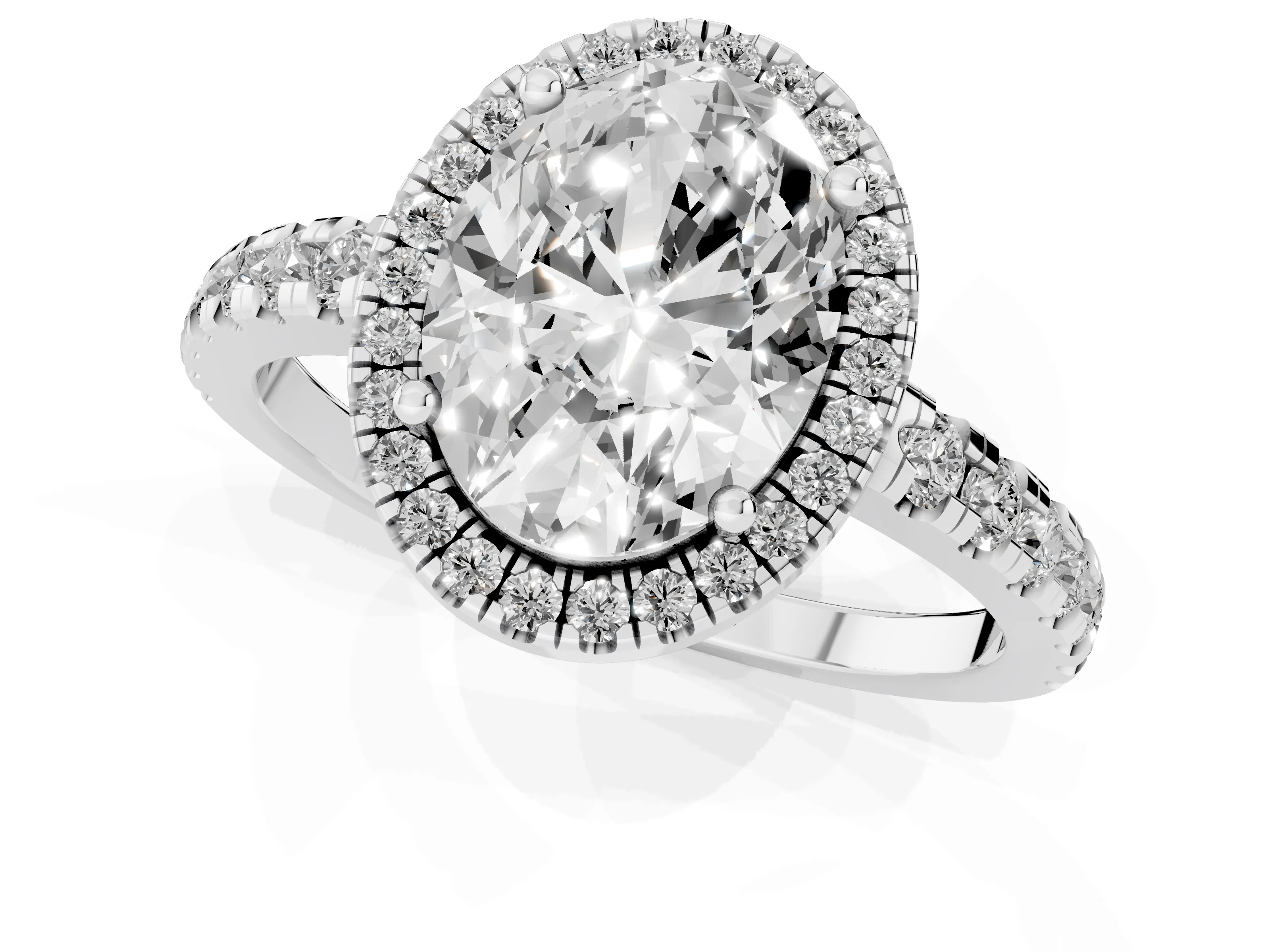 Oval Cut Diamond Halo Ring Set in White gold with Delicate Pavé Band and Prong Setting