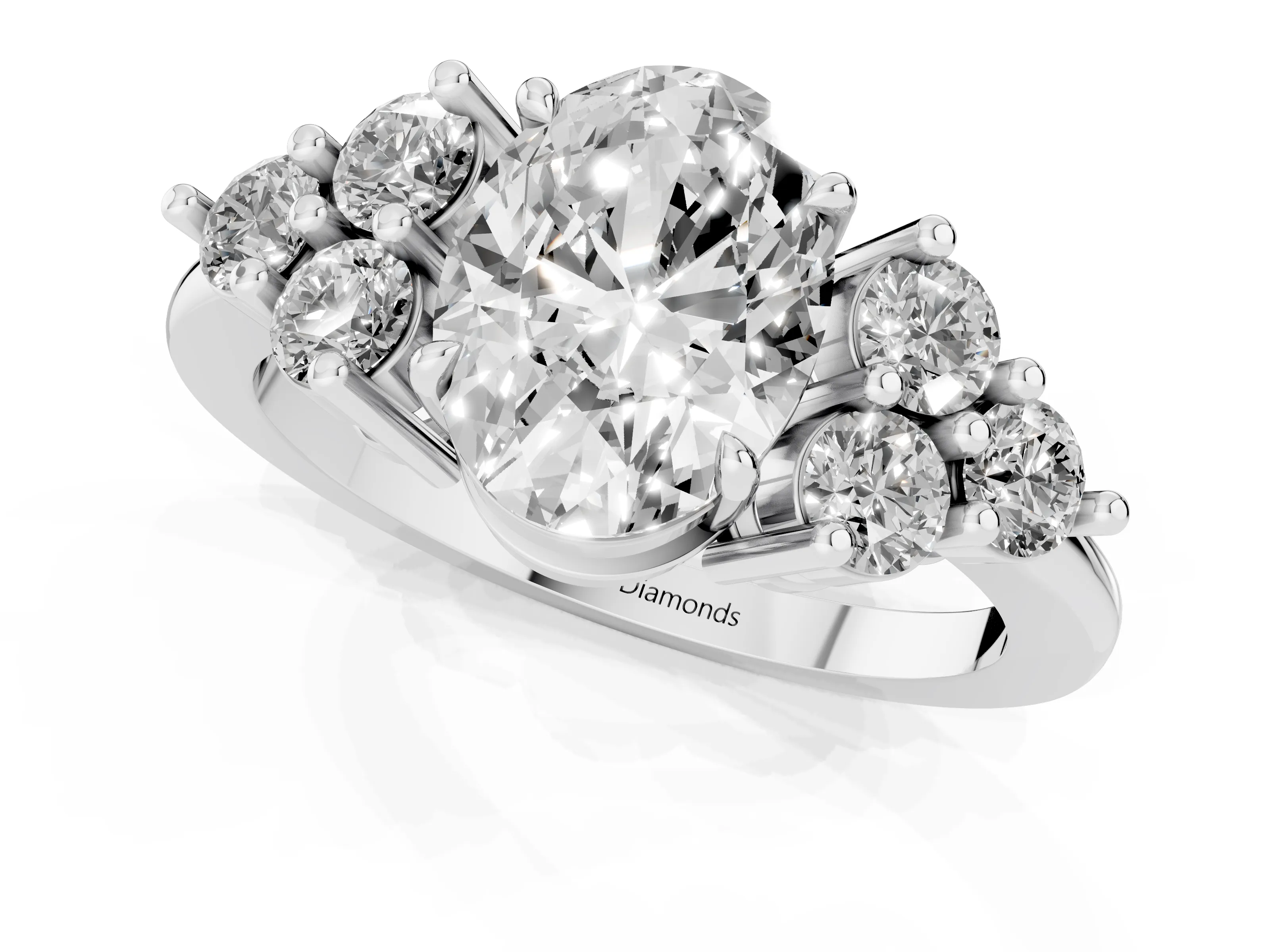 Oval Cut Diamond Solitaire Ring Set in Platinum with Cluster Accents on Each Side