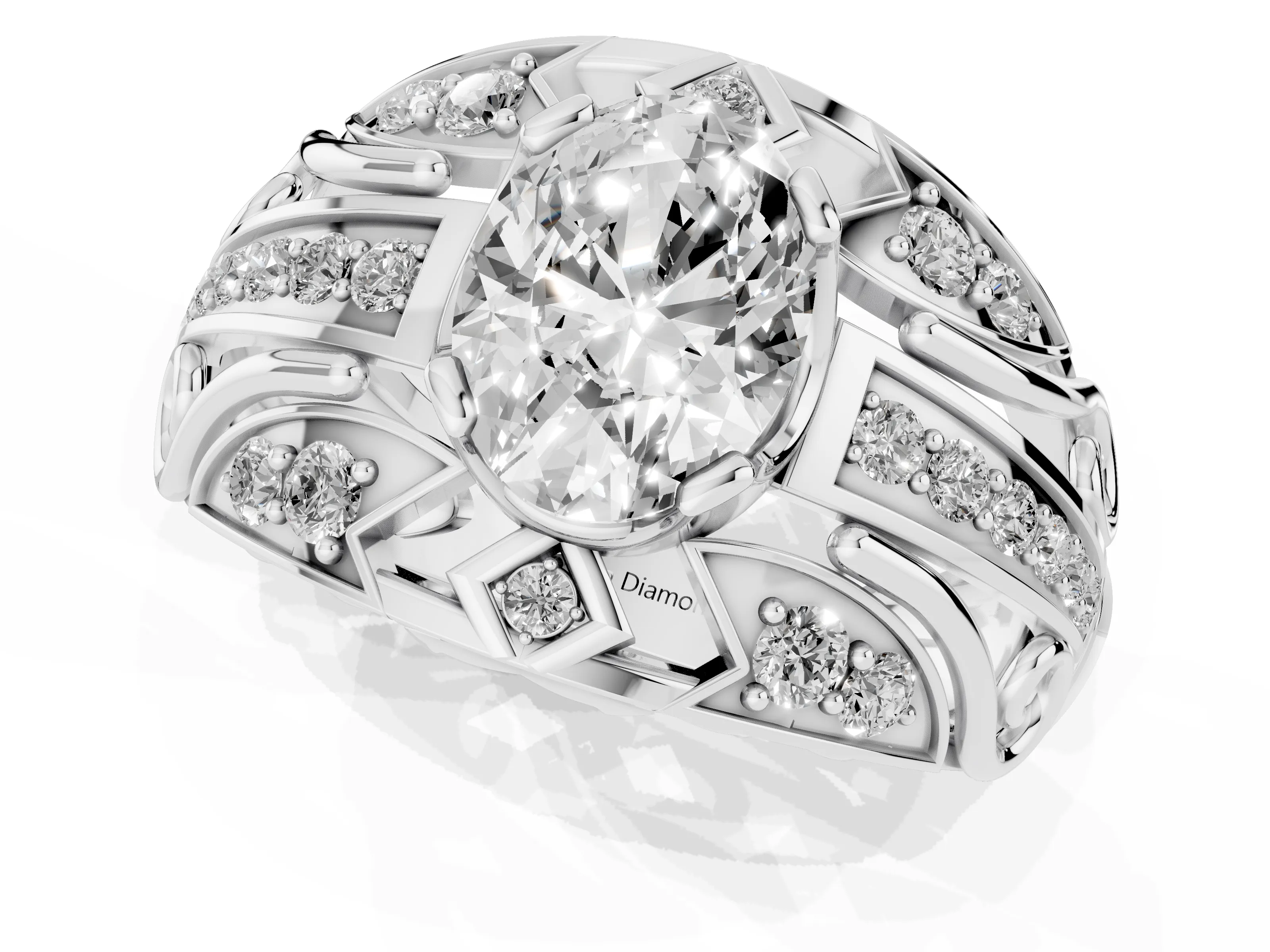Oval Cut Diamond Art Deco Ring Set in Silver with Pavé Split Shank