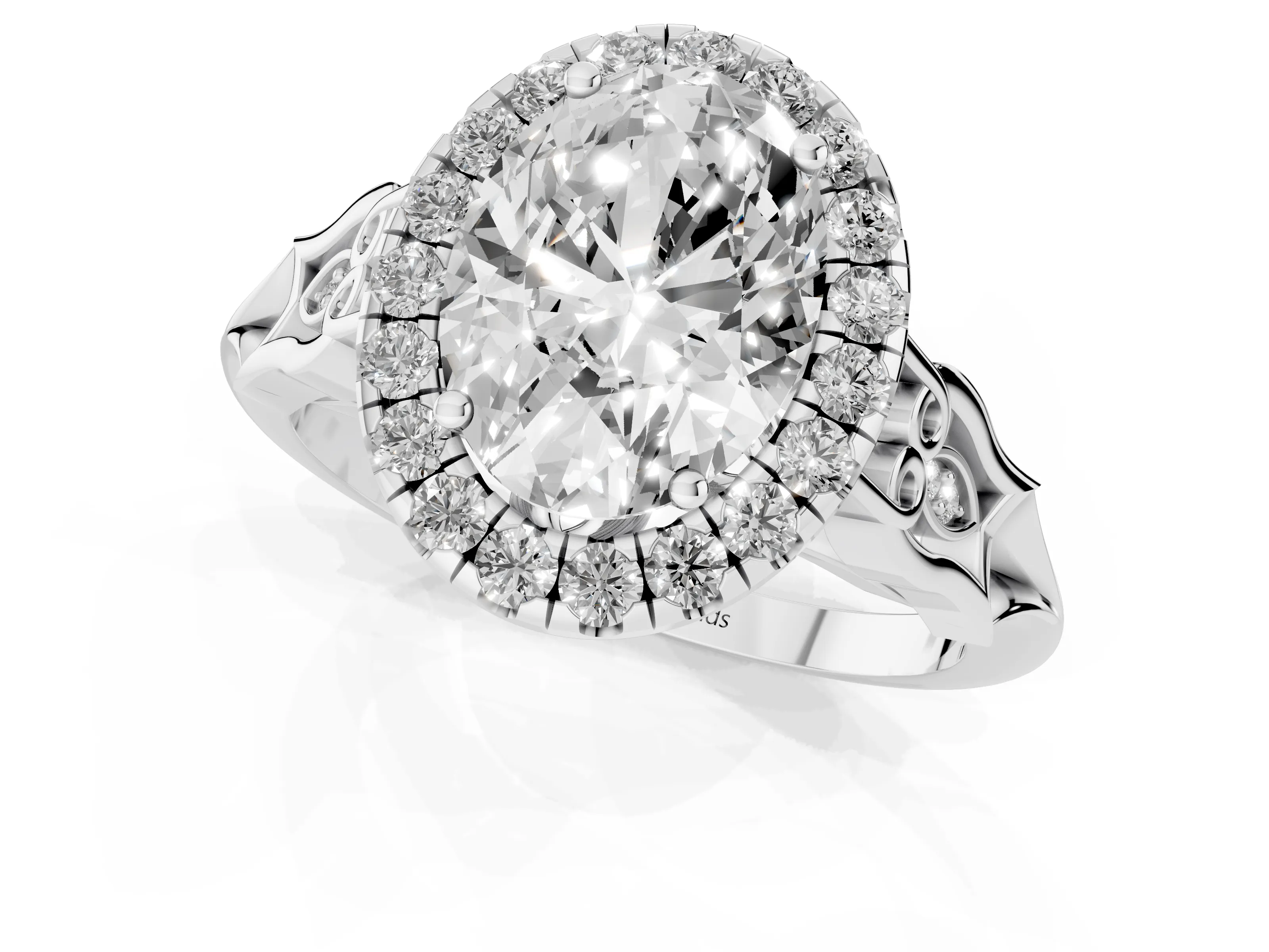 Oval Cut Diamond Halo Engagement Ring Set in Silver with Filigree Band and Prong-Set Center