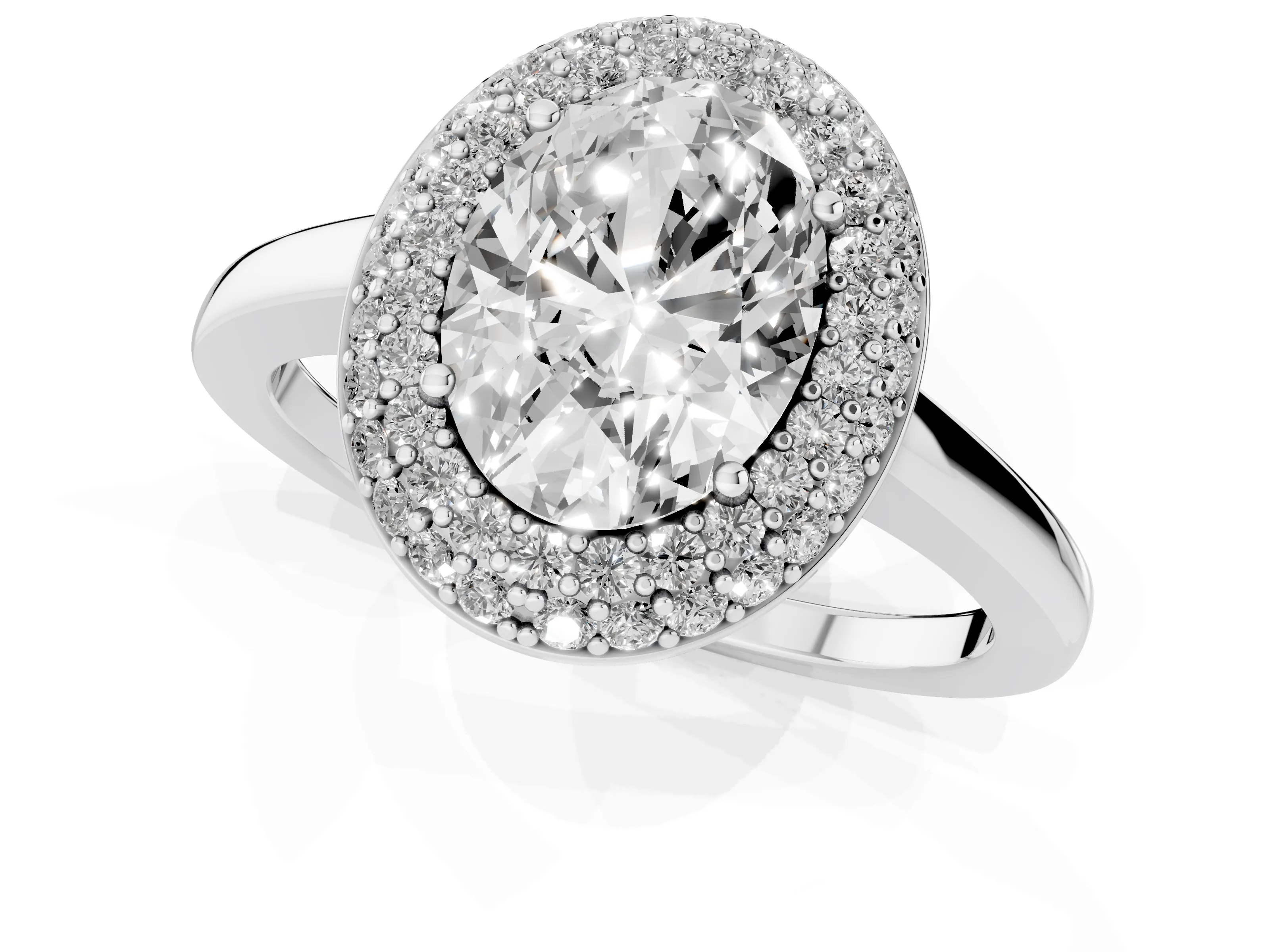 Oval Cut Diamond Halo Engagement Ring Set in Silver with Solitaire Band and Prong Setting