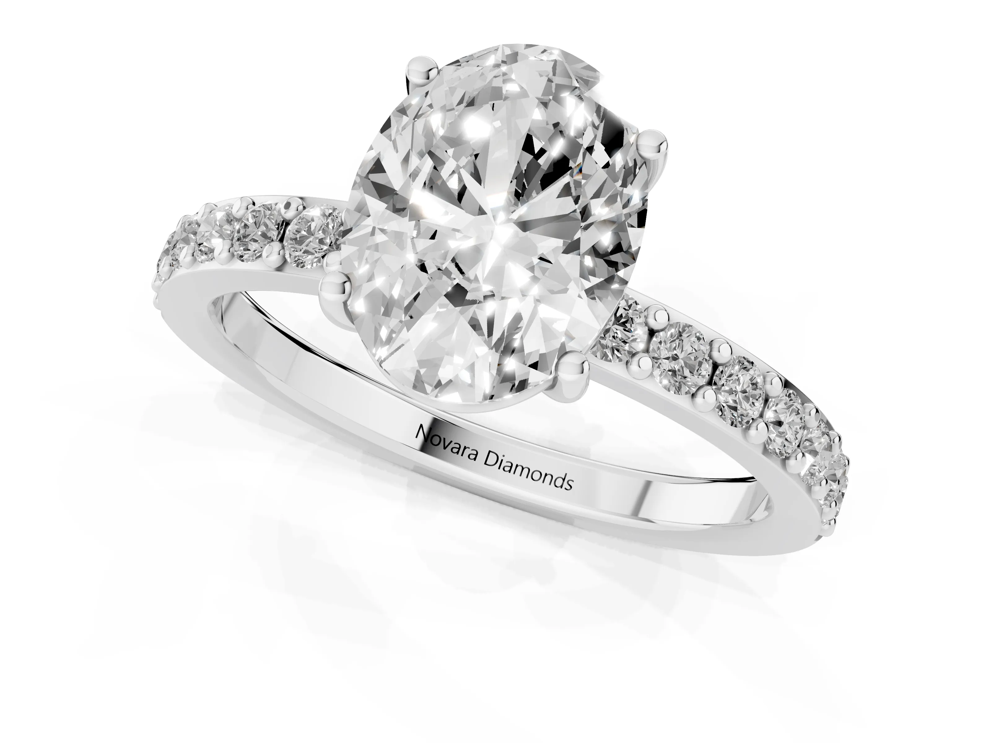 Oval Cut Diamond Solitaire Set in White gold with Round Pavé Band and Prong Setting