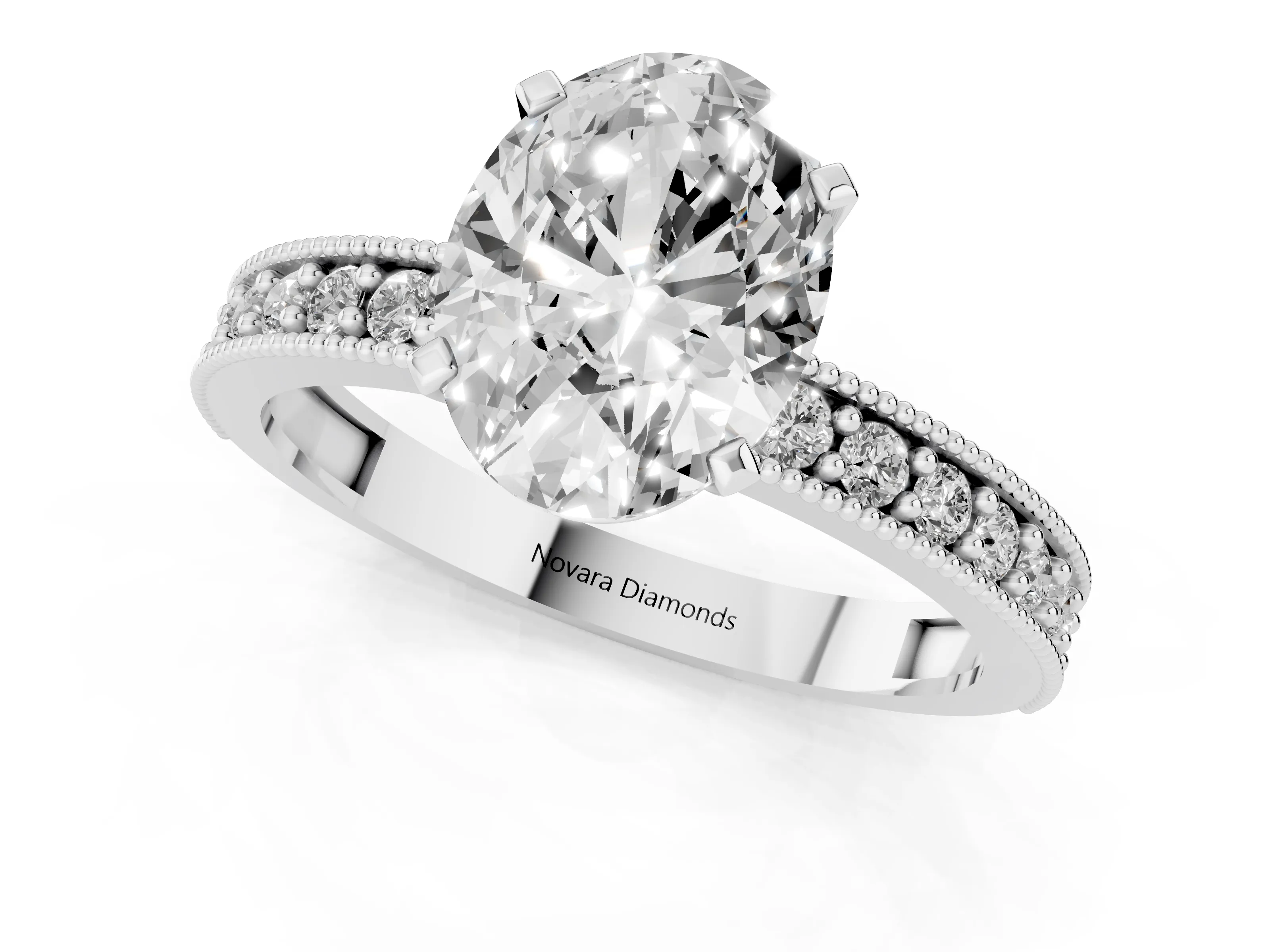 Oval Cut Diamond Milgrain Pavé Engagement Ring Set in Platinum with Prong Setting