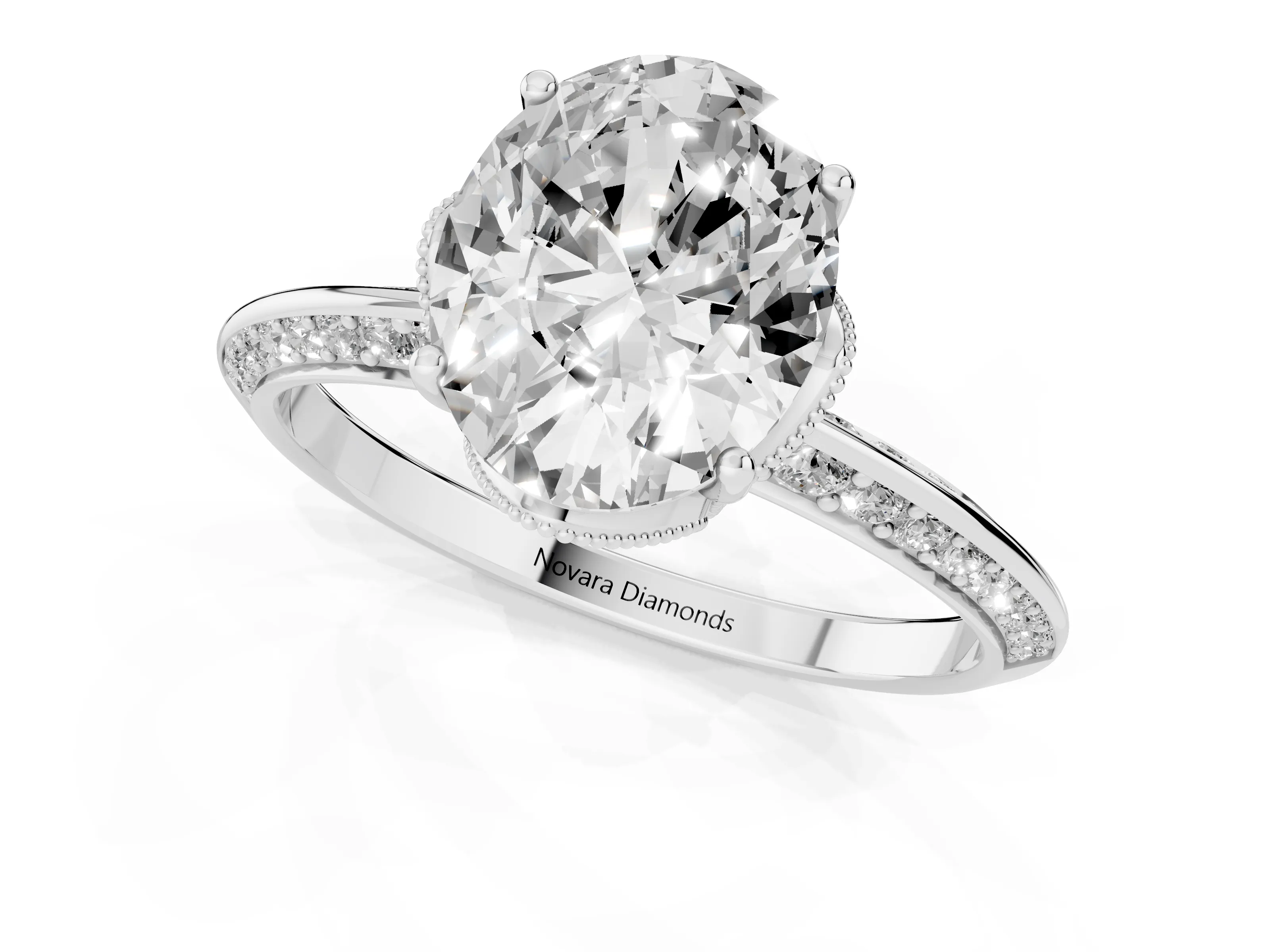 Oval Cut Diamond Solitaire Engagement Ring Set in Platinum with Pavé Split Shank and Prong Setting