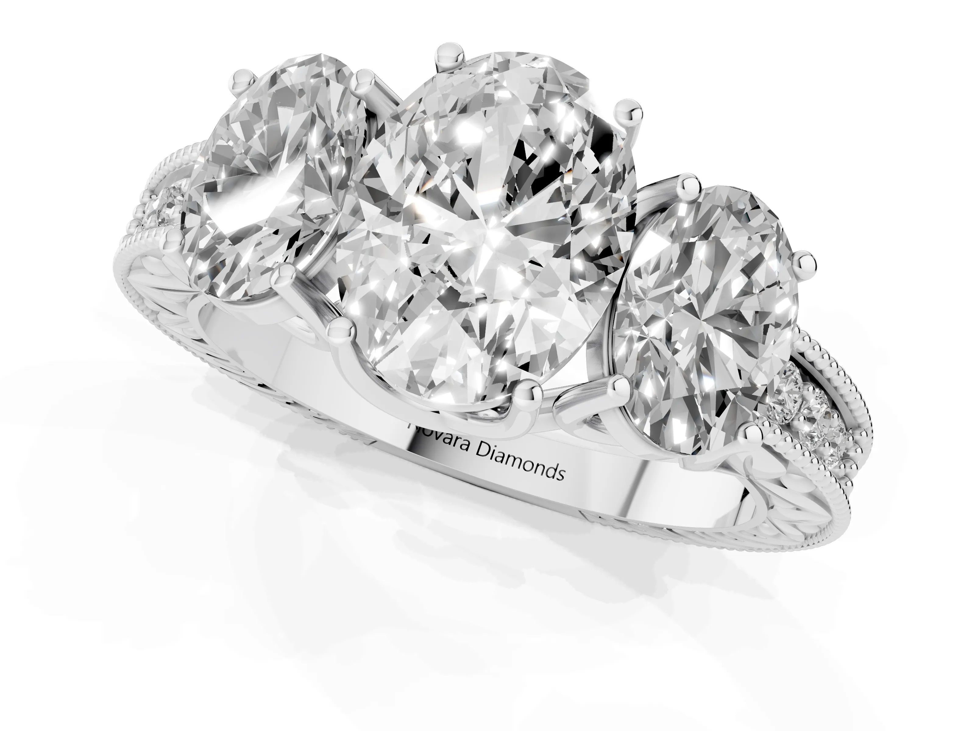 Oval Cut Diamond Three-Stone Engagement Ring Set in Silver with Milgrain Pavé Band