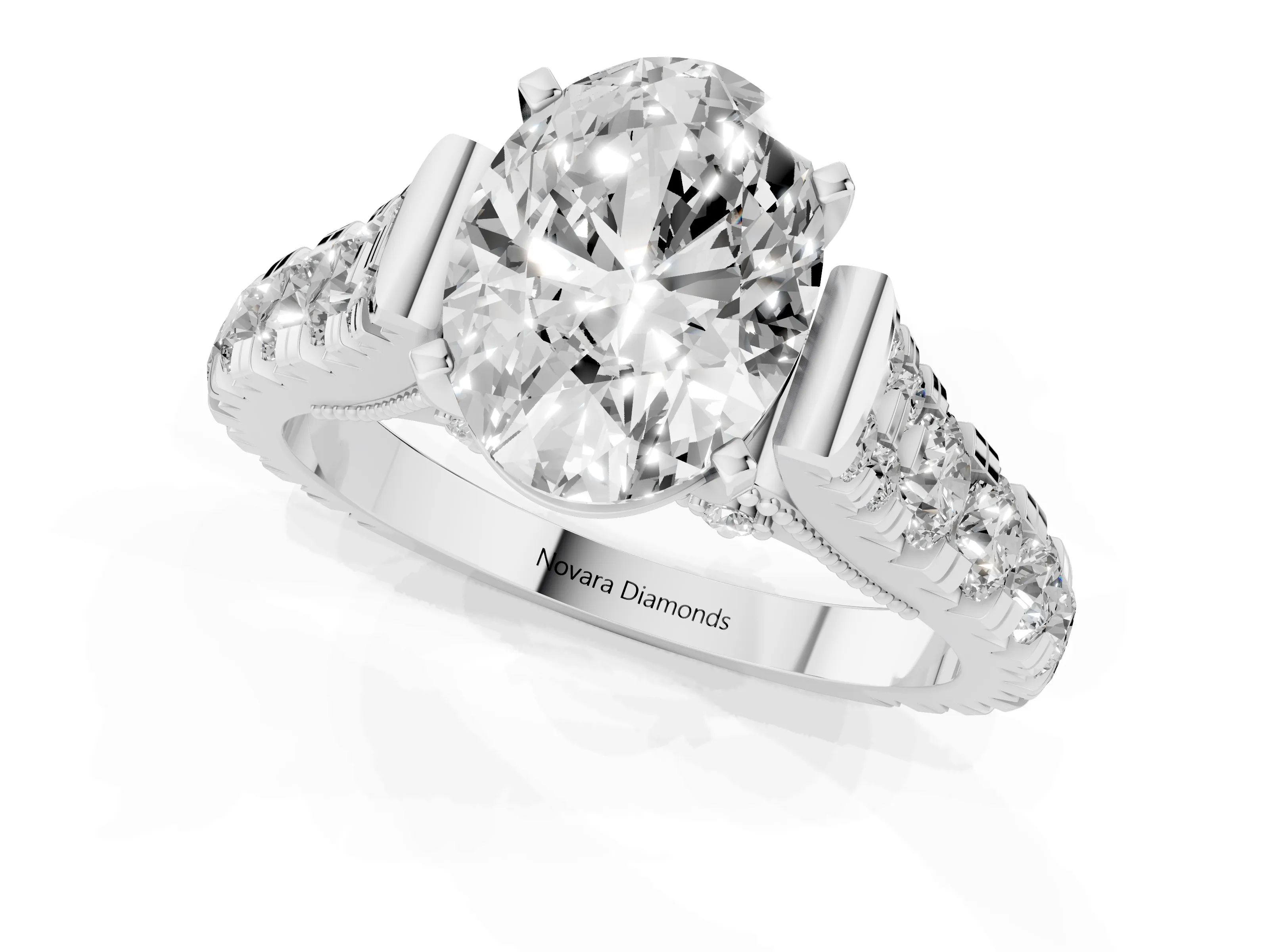 Oval Cut Diamond Classic Solitaire Ring Set in Platinum with Pavé Band and Prong Setting