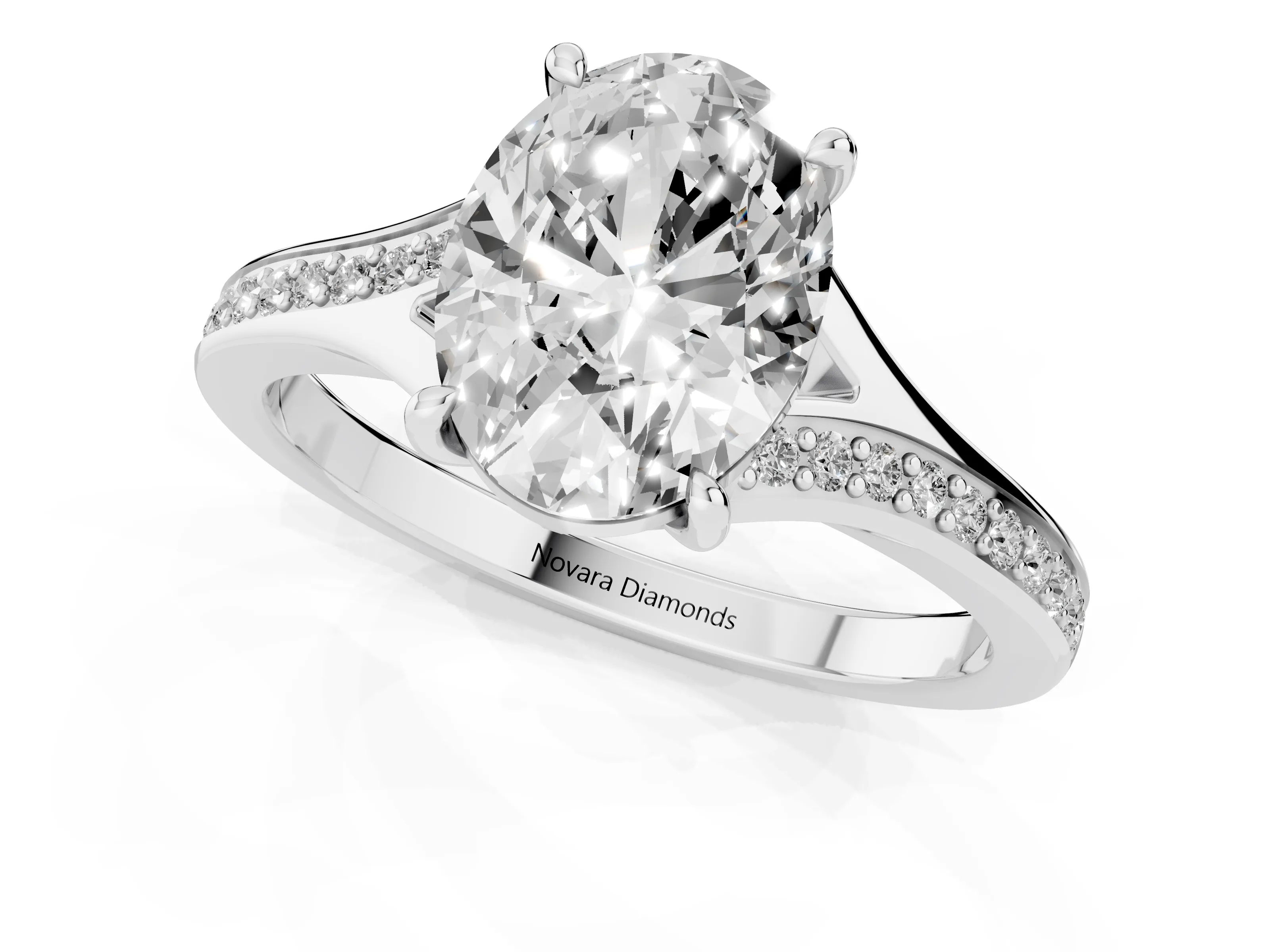 Oval Cut Diamond Solitaire Ring Set in Silver with Pavé Accent Band and Classic Prong Setting