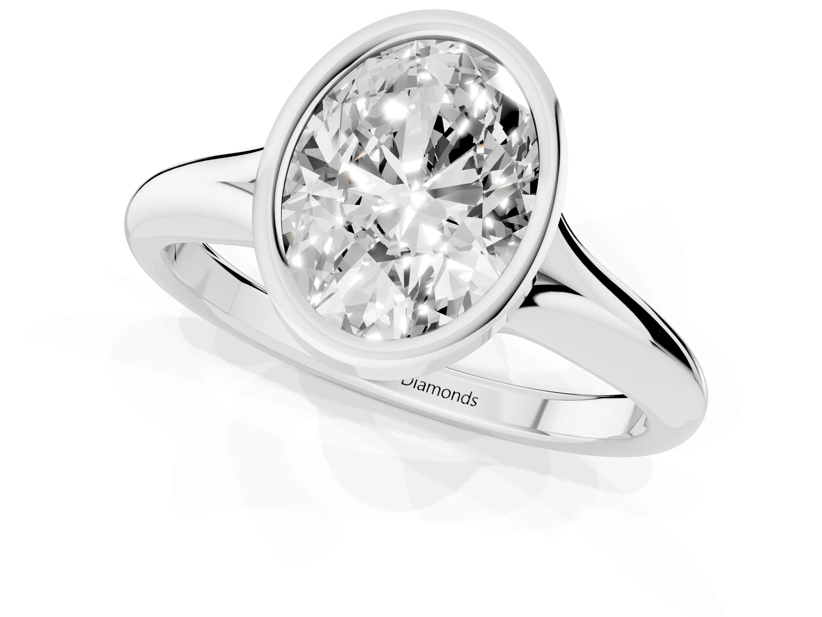 Bezel Set Oval Cut Diamond Solitaire Ring Set in White gold with Smooth Band