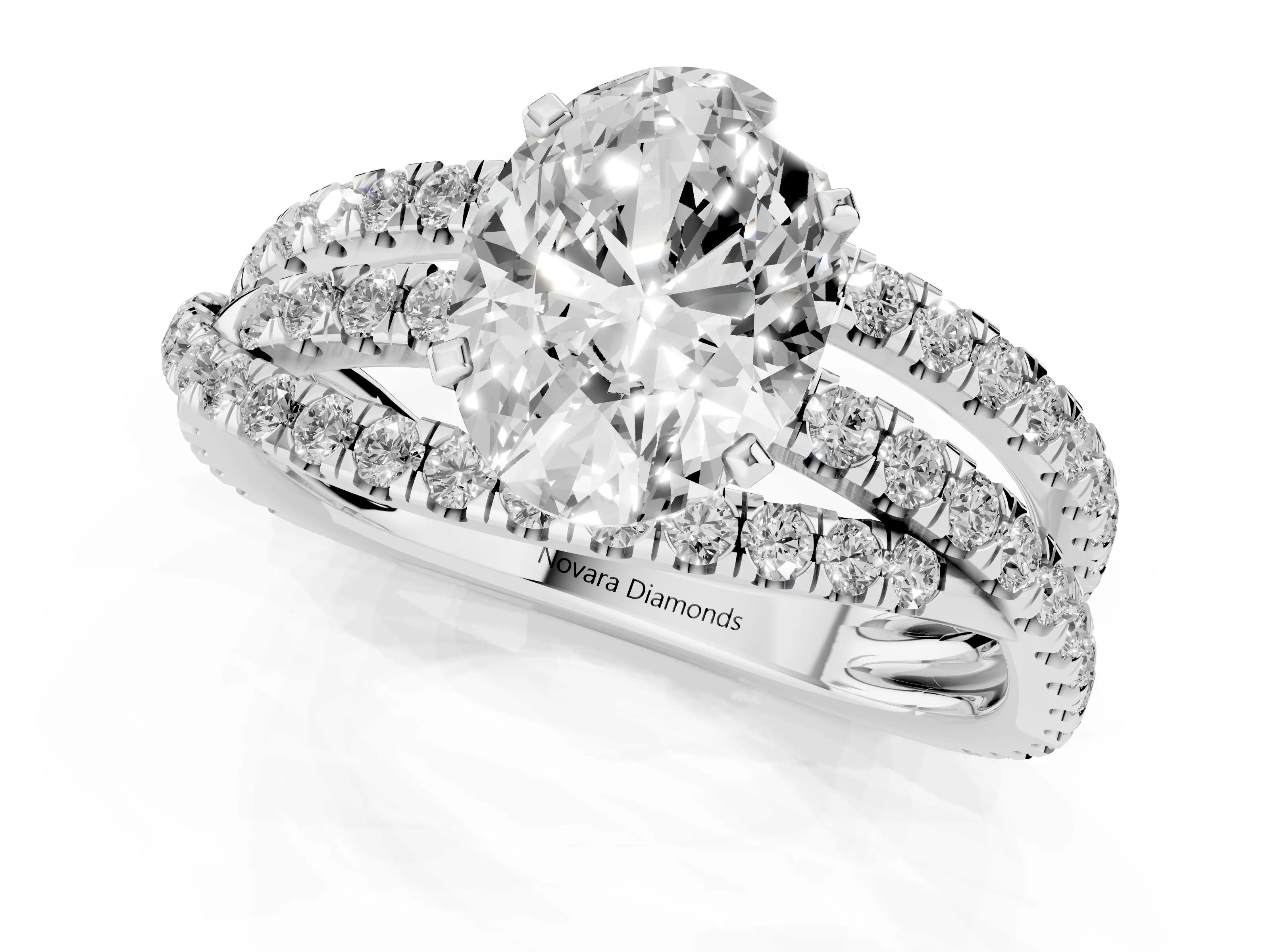 Oval Cut Diamond Solitaire Twist Band Ring Set in Silver with Pavé Setting and Prong Head