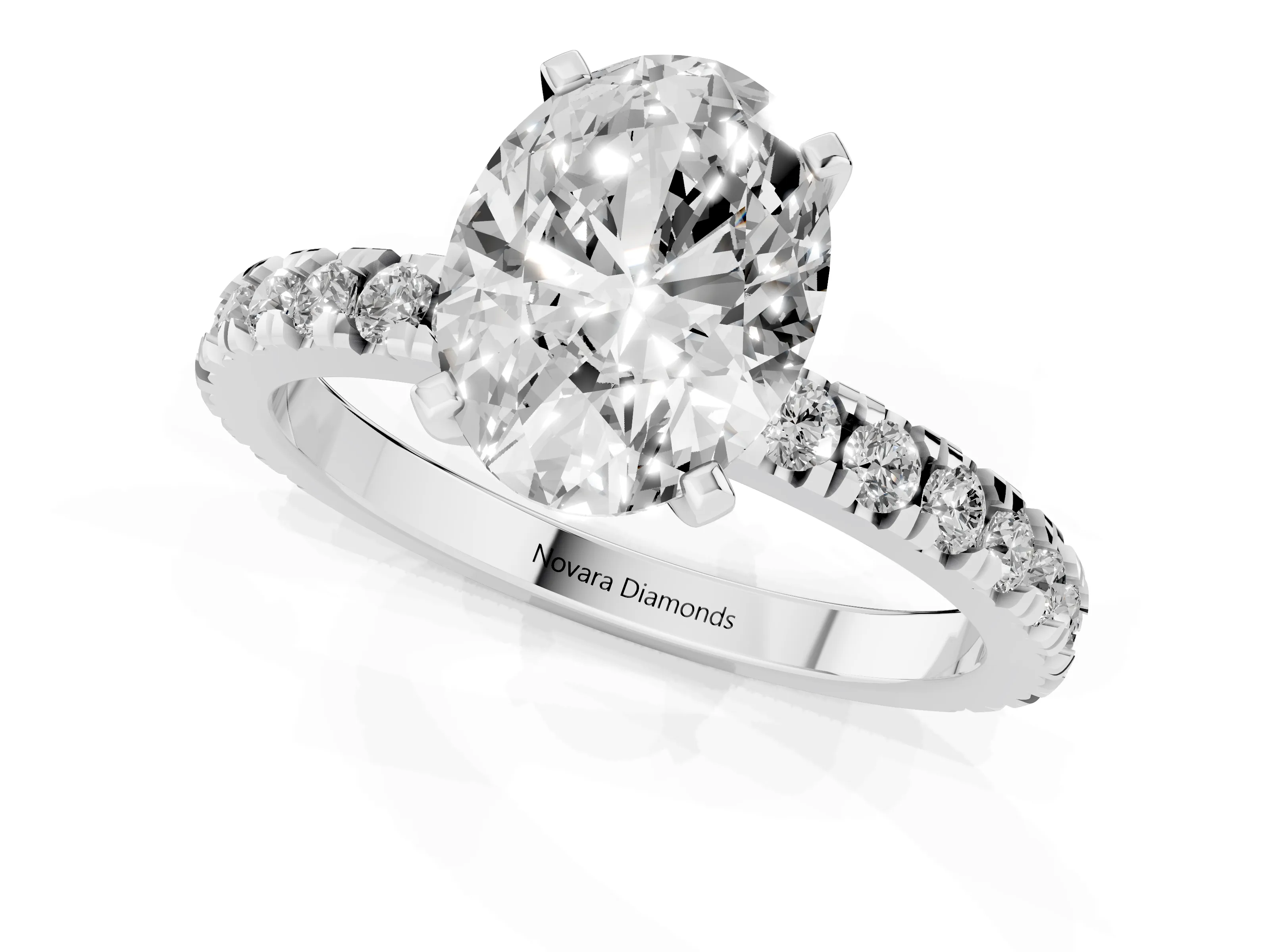 Oval Cut Diamond Pavé Band Solitaire Set in Platinum with Prong Setting