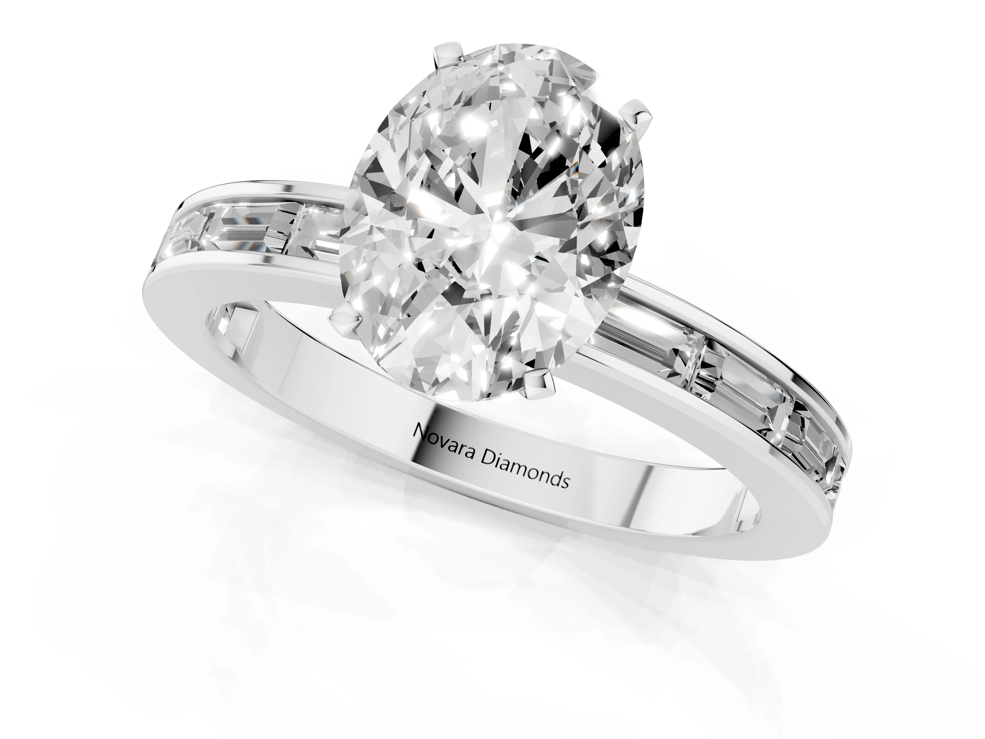 Oval Cut Diamond Solitaire Ring Set in White gold with Channel-Set Baguette Band and Prong Setting