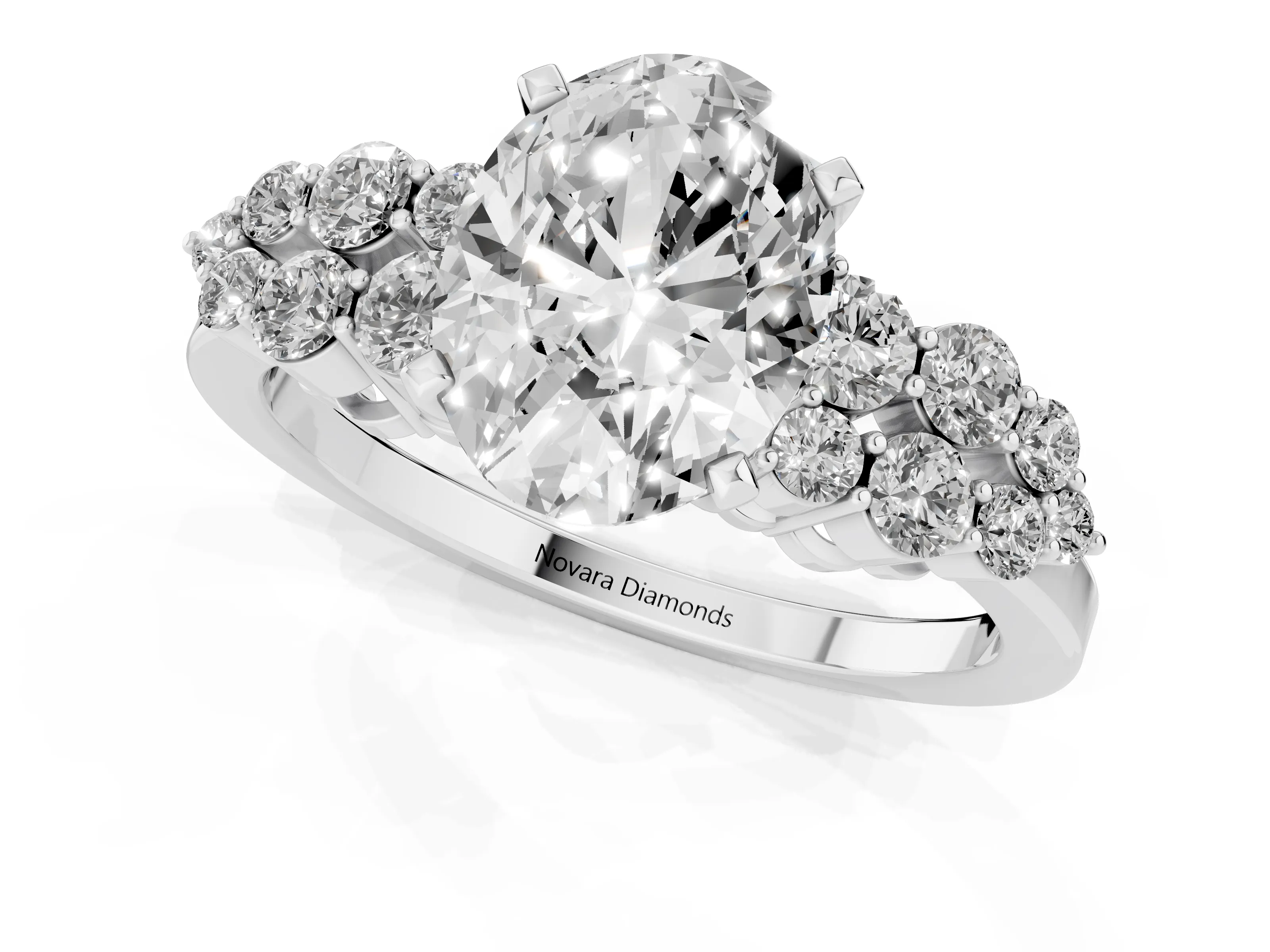 Oval Cut Diamond Cluster Engagement Ring Set in Silver with Pavé Band and Prong Setting – second view